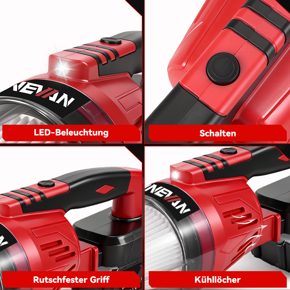 Eine rot-schwarze NEVAN-Taschenlampe mit LED-Beleuchtung, einem Knopf mit der Aufschrift 'Schalten' und Kühlöffnungen. Sie hat einen rutschfesten Griff.