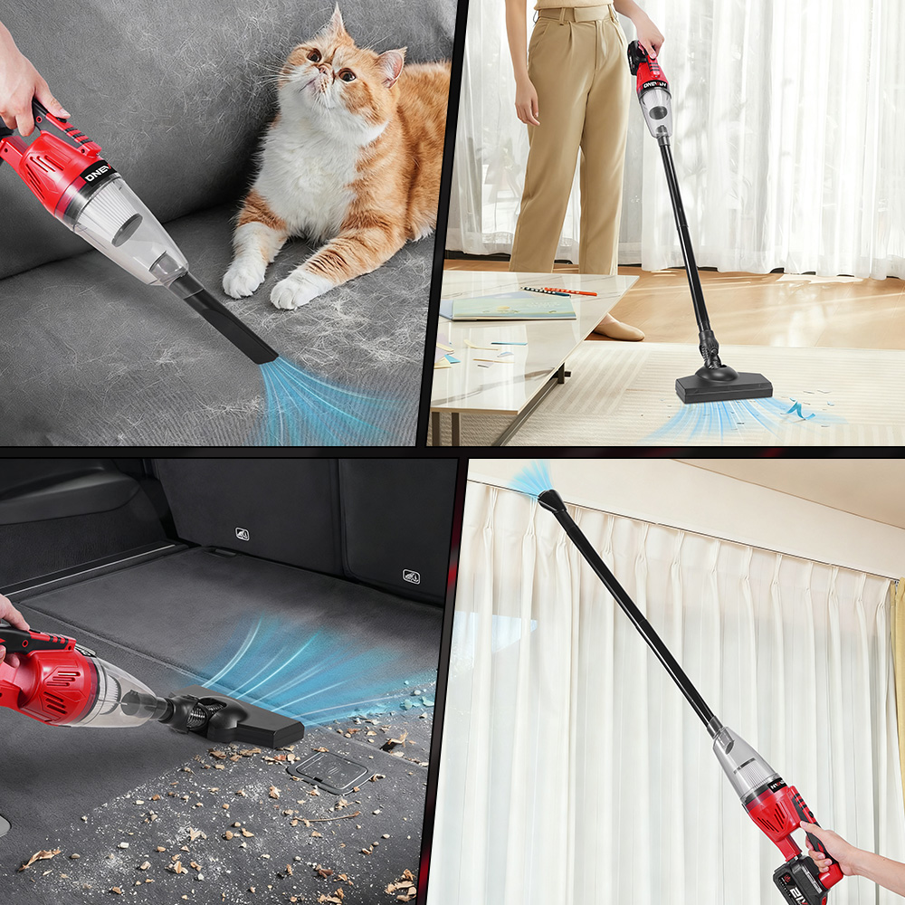 Vier Szenen zeigen einen roten Staubsauger, der eine Katze auf einem Sofa, einen Teppich, einen Kofferraum und Vorhänge reinigt.