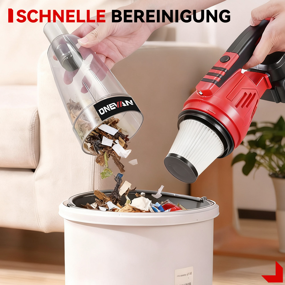 Eine Person leert einen durchsichtigen Staubsaugerbehälter in einen weißen Behälter. Rechts ist ein roter Staubsauger. Der Text oben lautet 'Schnelle Reinigung'.