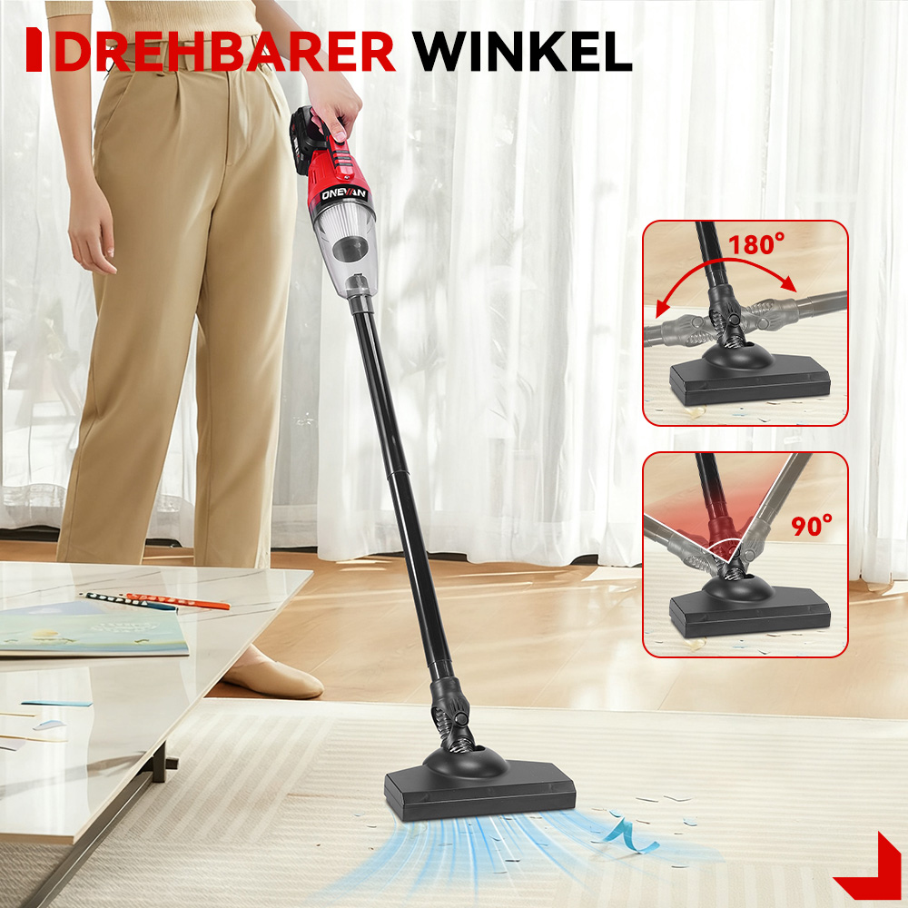 Eine Frau hält einen rot-schwarzen Staubsauger. Text lautet 'IDREHBARER WINKEL'. Diagramme zeigen 90- und 180-Grad-Winkel.