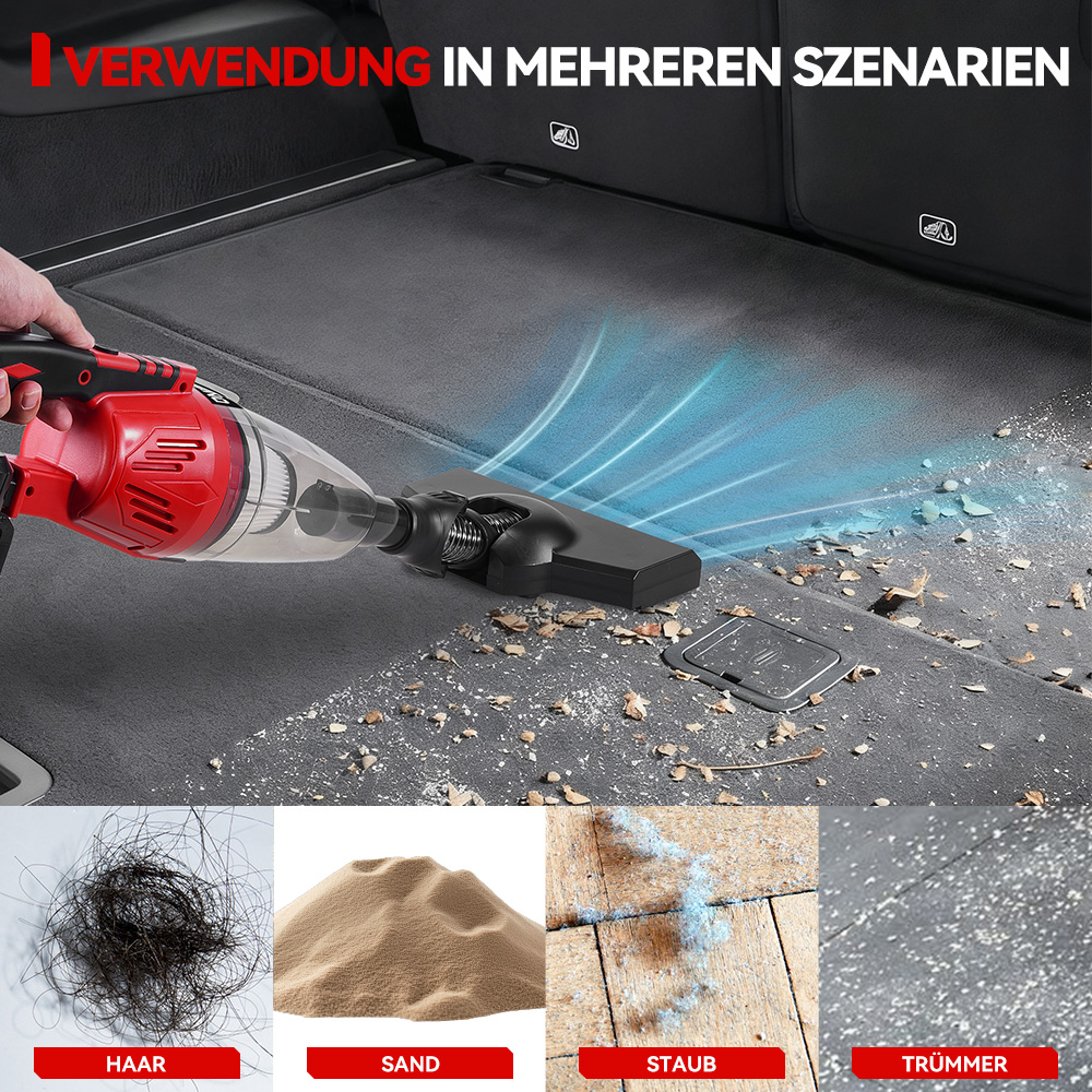 Ein roter Staubsauger reinigt einen Kofferraum. Darunter werden Haare, Sand, Staub und Schmutz als Beispiele gezeigt.