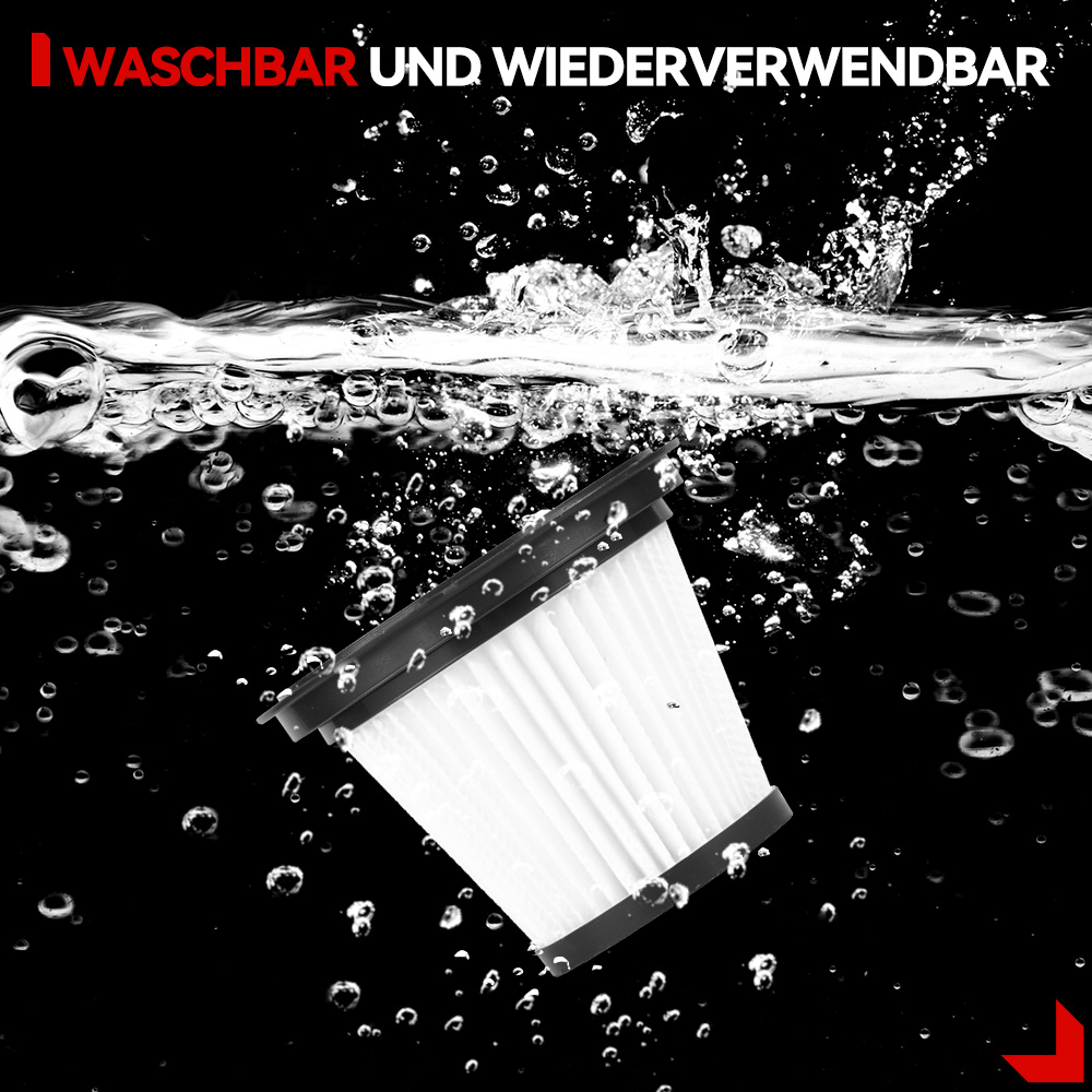 Ein weißer Filter mit schwarzen Kanten, der in Wasser getaucht ist und von Blasen umgeben ist. Der Text oben lautet 'Waschbar und wiederverwendbar'.