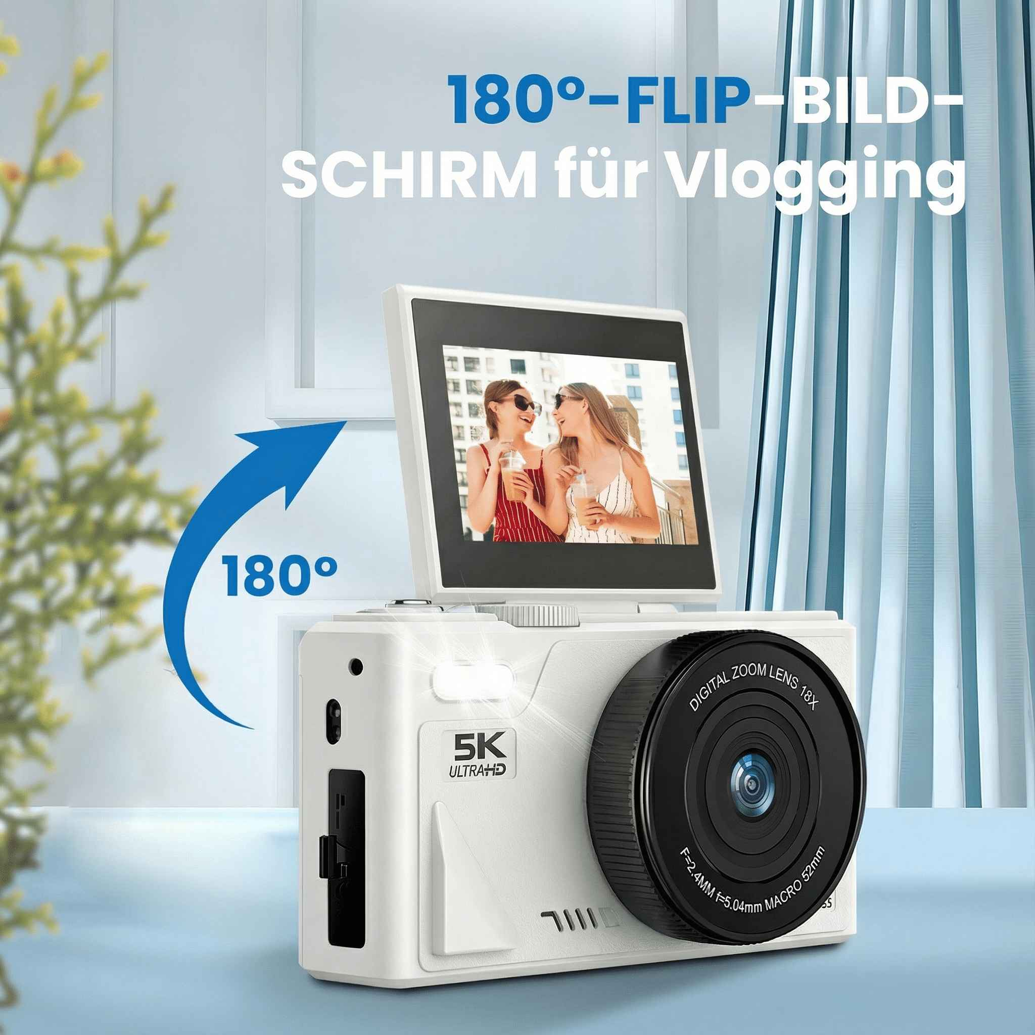 Weiße Kamera mit Flip-Screen, der zwei Frauen zeigt. Text: '180° Flip-Bildschirm' und '5K Ultra HD'.