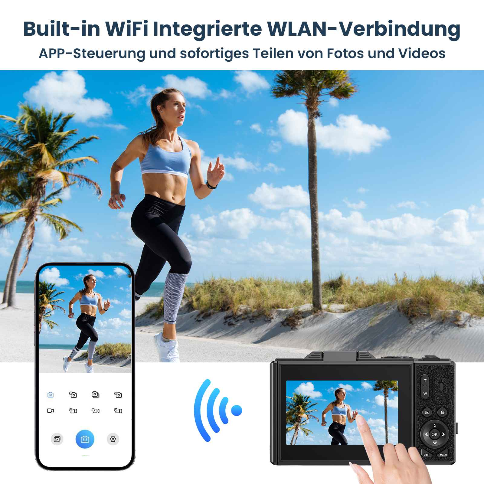 Frau beim Laufen, Palmen, Telefon und Kamera zeigen das gleiche Bild, blauer Himmel, WLAN-Symbol.