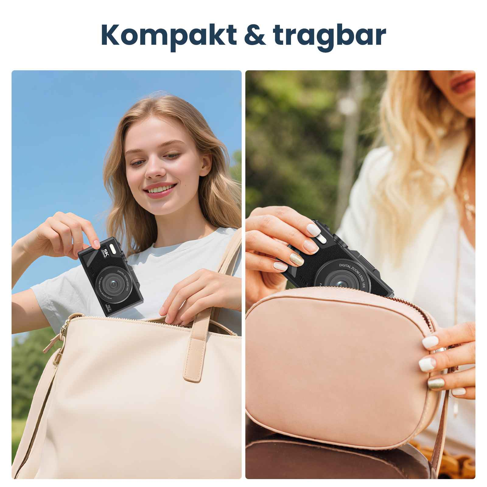 Zwei Frauen halten schwarze Kameras. Eine nimmt eine Kamera aus einer Tasche, die andere legt eine in eine Handtasche. Text: Kompakt & tragbar.