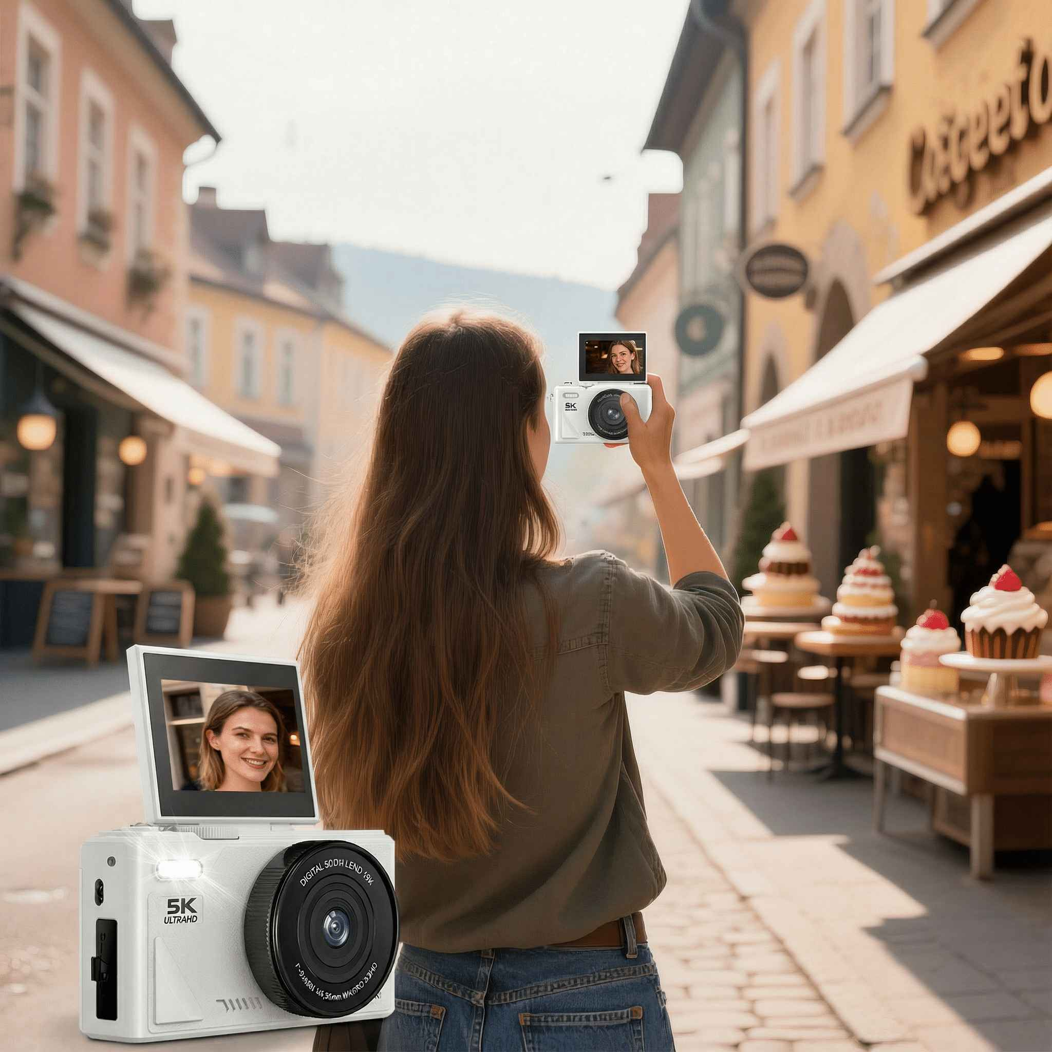 Eine Frau fotografiert mit einer weißen Kamera, auf deren Bildschirm ein lächelndes Gesicht zu sehen ist. Gebäude und ein Café sind im Hintergrund.