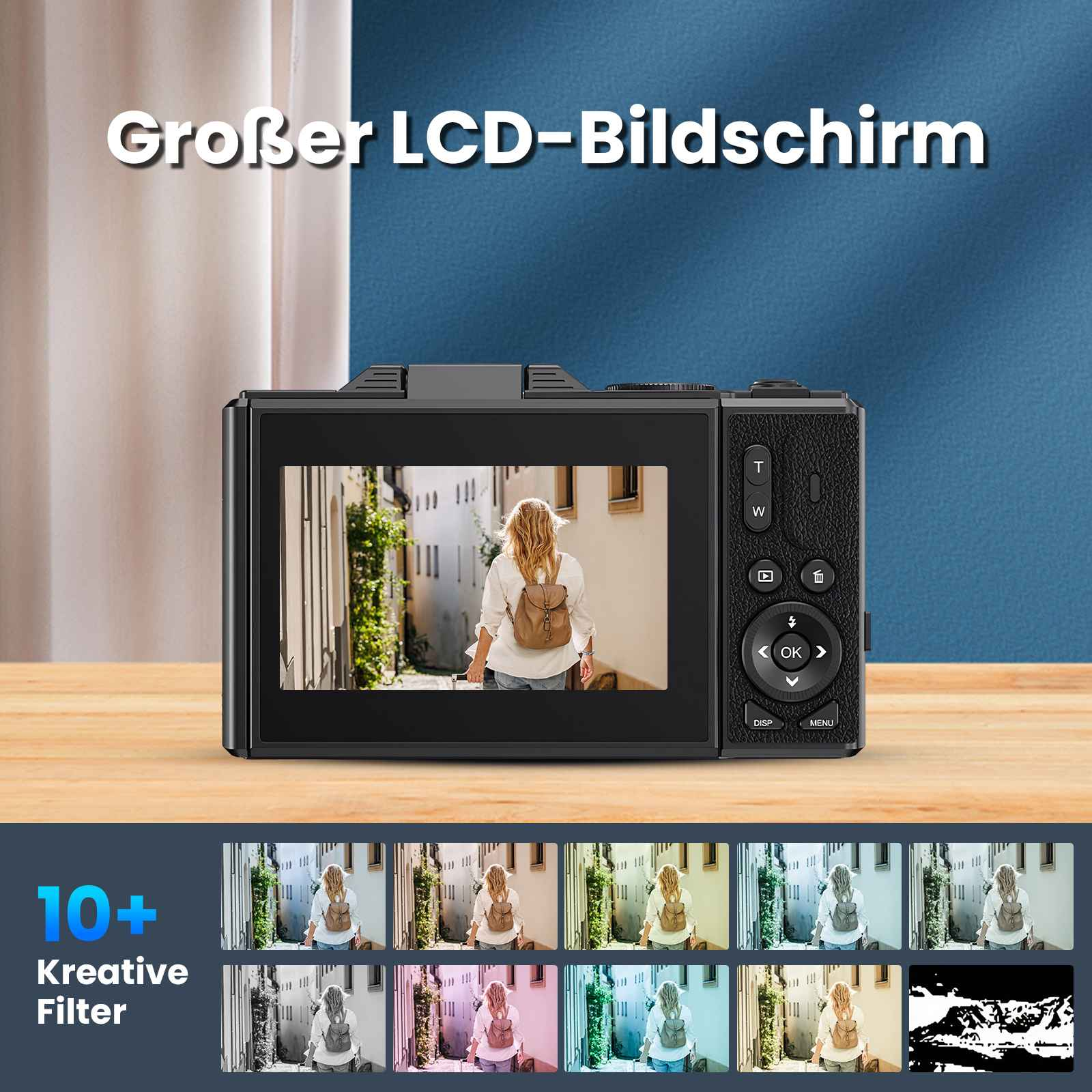 Eine Digitalkamera zeigt eine Frau mit Rucksack. Text: Großer LCD-Bildschirm, 10+ Kreative Filter.