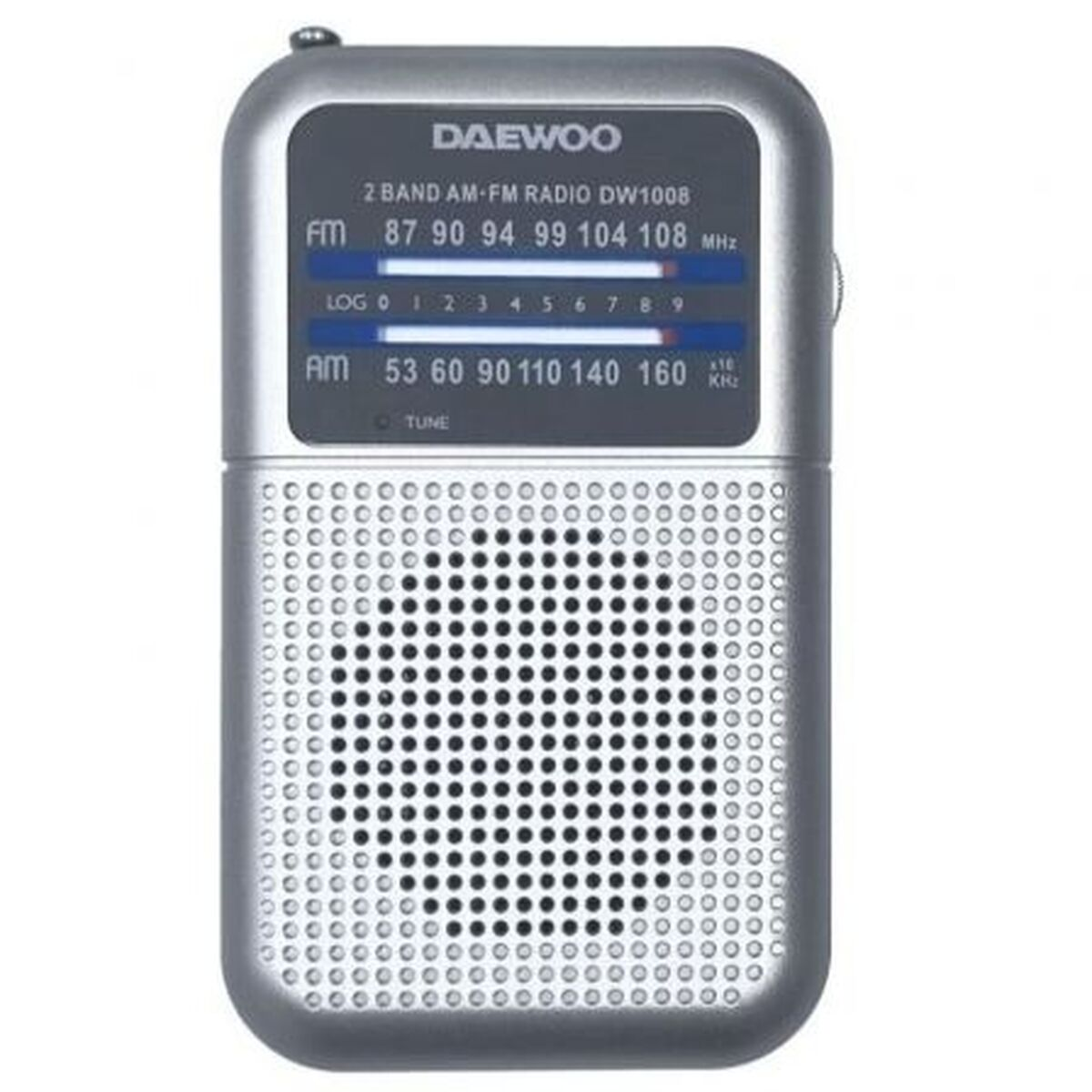 Una radio AM/FM Daewoo argentata. Ha un altoparlante in basso e un display con numeri di frequenza. Il logo è in alto.