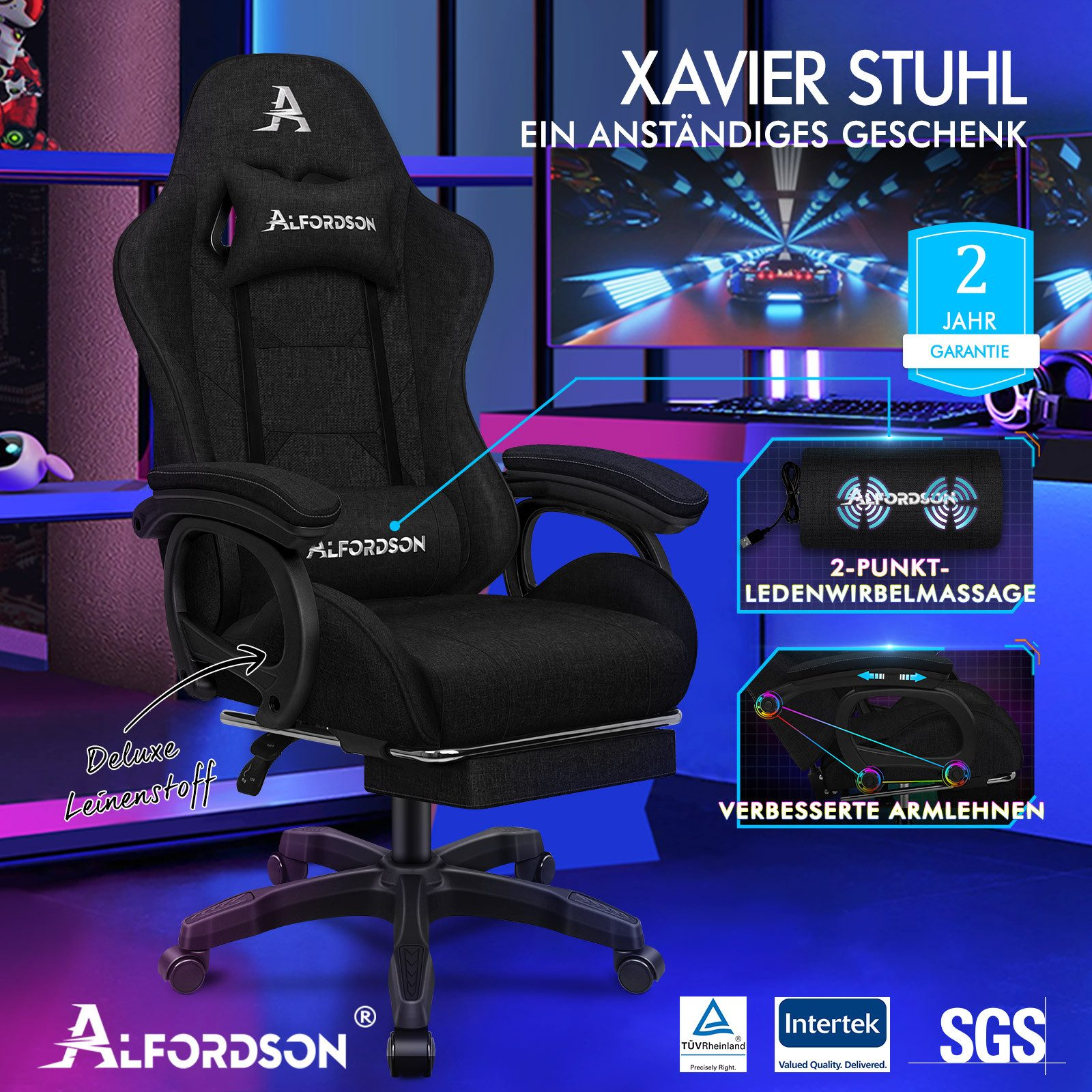 Schwarzer Gaming-Stuhl mit Kopfstütze und Armlehnen, Text und Logo, sowie ein 2-Jahres-Garantie-Abzeichen.