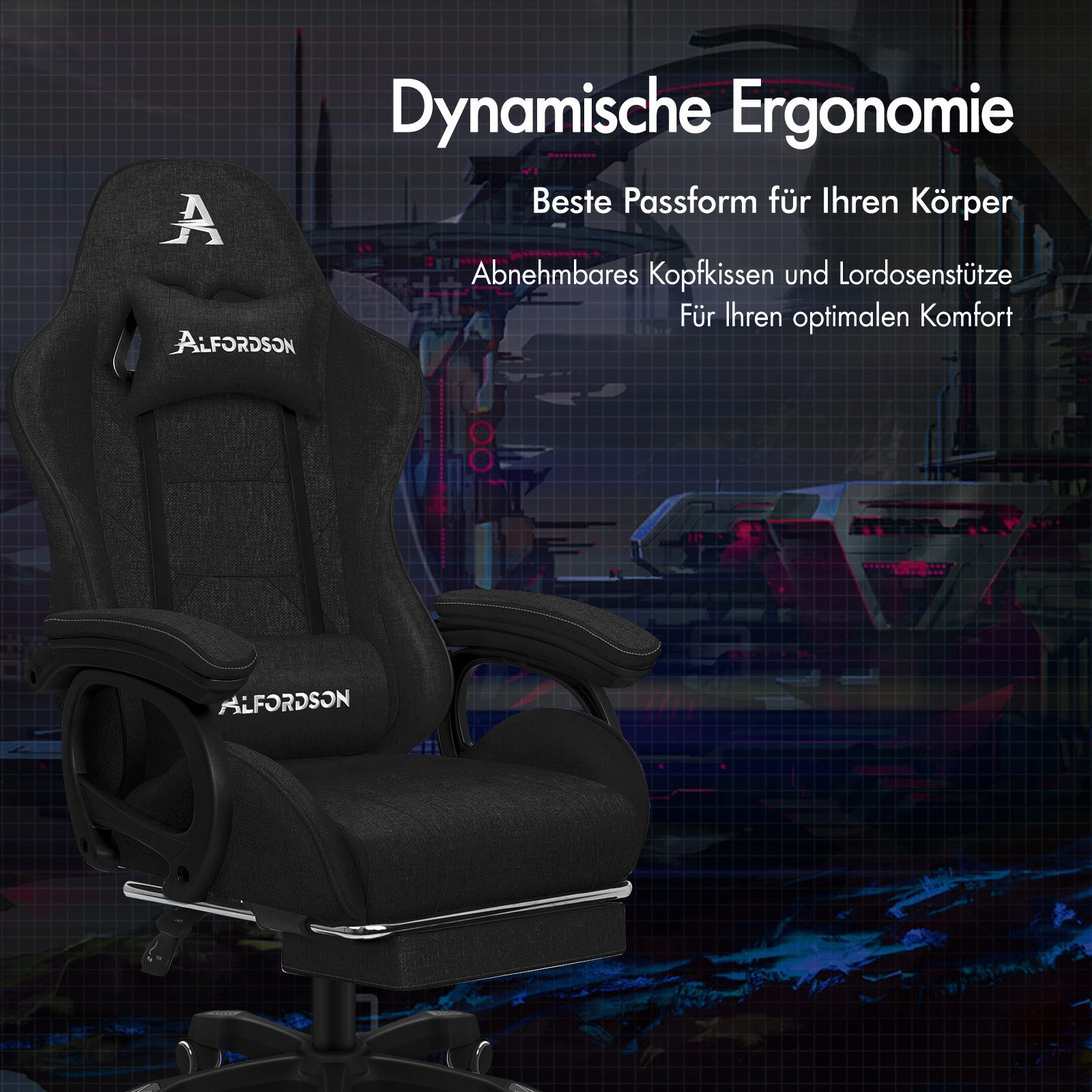 Schwarzer ergonomischer Gaming-Stuhl mit Kopf- und Armlehnen. Die Marke ALFORDSON ist sichtbar. Der Hintergrund zeigt ein futuristisches Design.