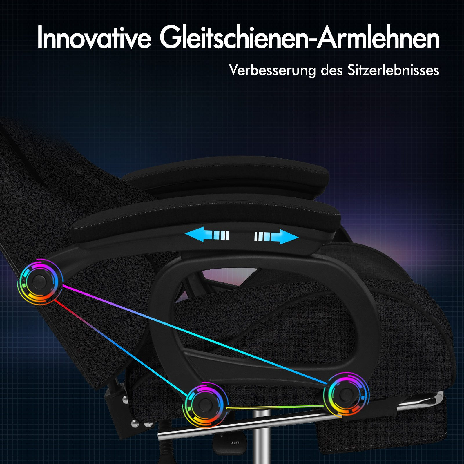 Schwarzer ergonomischer Stuhl mit verstellbaren Armlehnen. Text: Innovative Armlehnen, Verbesserung des Sitzerlebnisses.