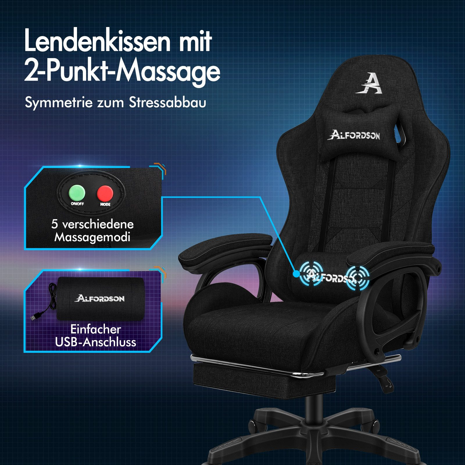 Schwarzer ergonomischer Massagestuhl mit Kopf- und Lendenwirbelstütze. Mit USB-Anschluss und Bedienfeld mit Ein/Aus- und Modustasten.