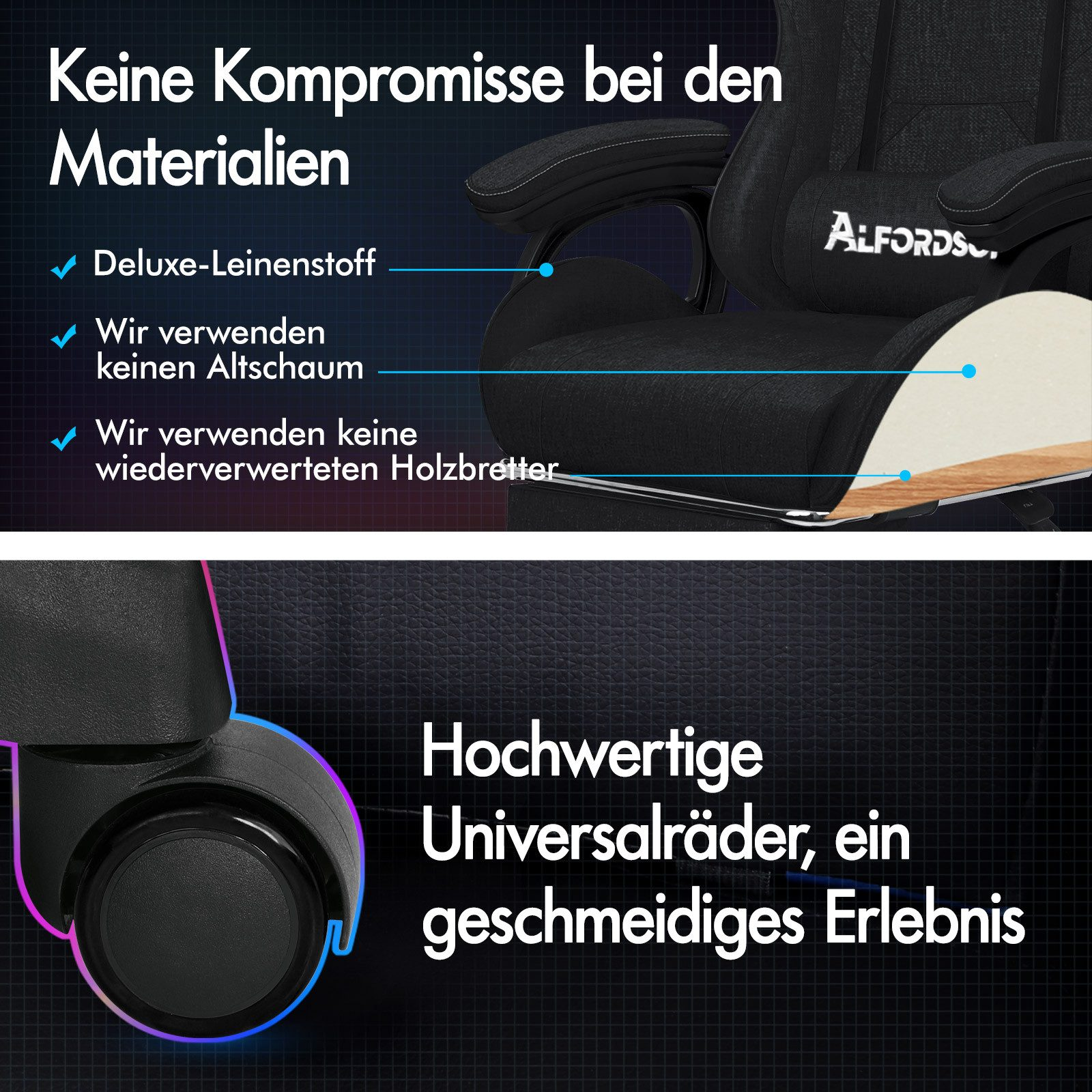 Schwarzer Bürostuhl mit Text über Materialien. Enthält Nahaufnahme des Rades.
