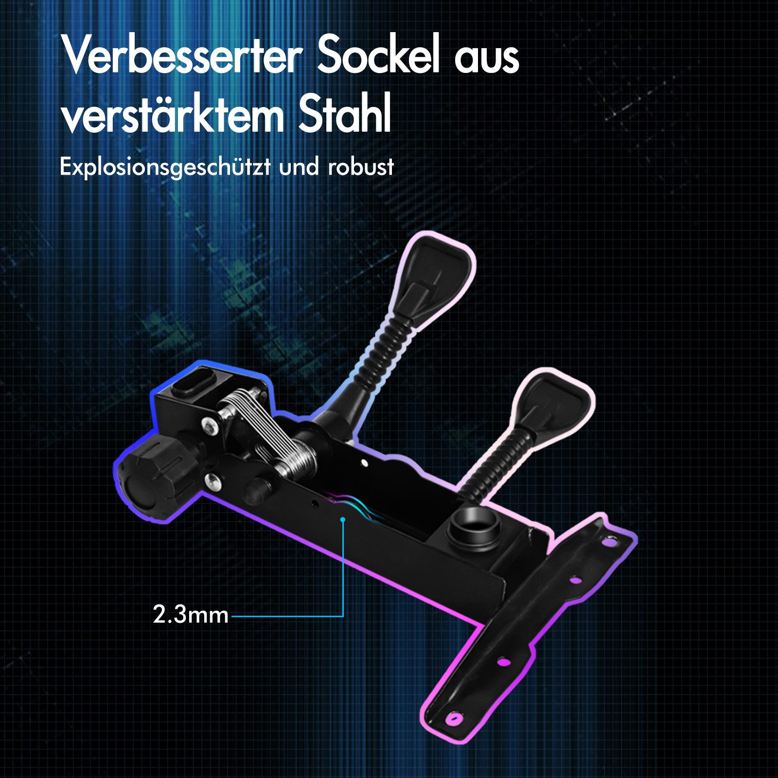 Schwarzes Metall-Stuhlgestell mit zwei Hebeln und einem runden Knopf. Text sagt: Verbesserte Basis aus Stahl.