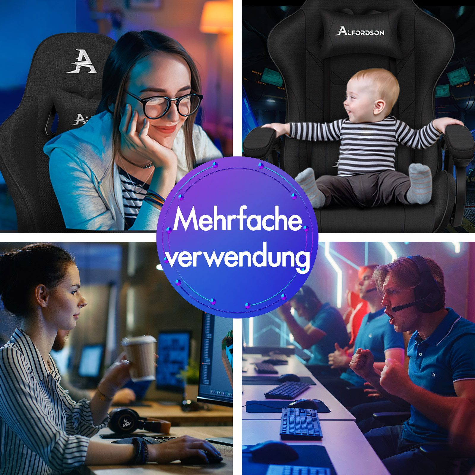 Collage mit Frau im Stuhl, Baby im Stuhl, Frau am Computer und Gamern. Textüberlagerung: Mehrfache Verwendung.