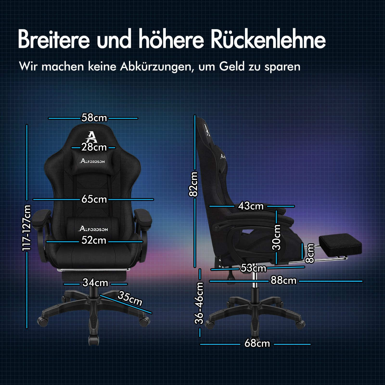 Schwarzer Gaming-Stuhl mit angezeigten Abmessungen. Der Stuhl hat eine Kopfstütze, Armlehnen und Fußstütze. Der Hintergrund ist dunkelblau.