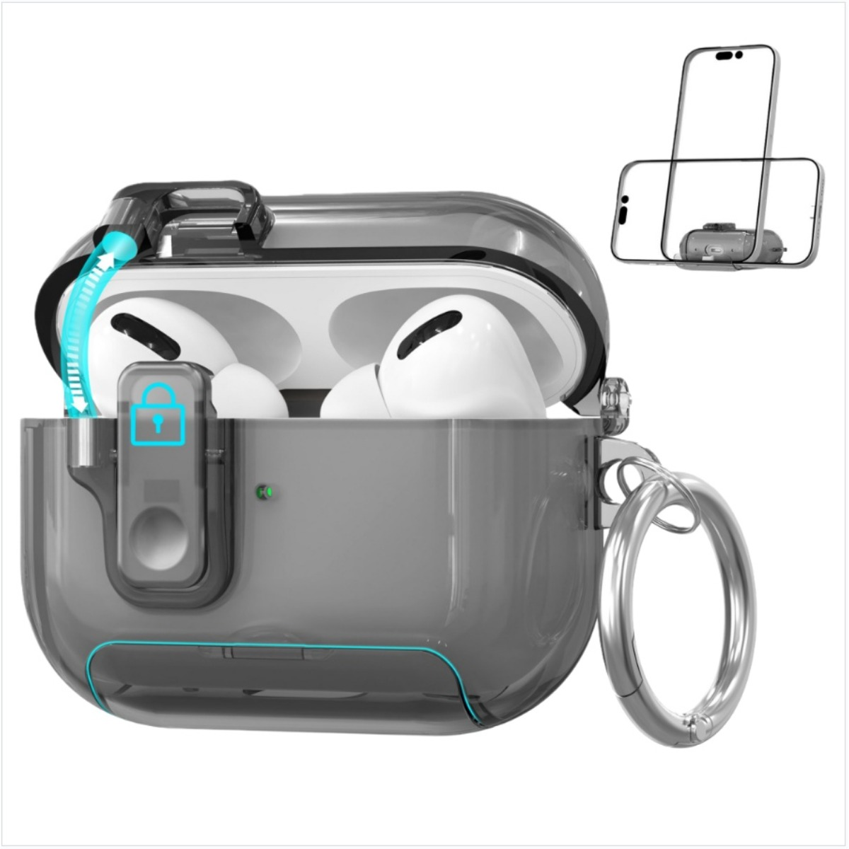 Graues AirPods-Etui mit weißen Ohrhörern. Daneben ist eine Handyhülle abgebildet. Das Etui hat einen Metallring und ein Schlosssymbol.
