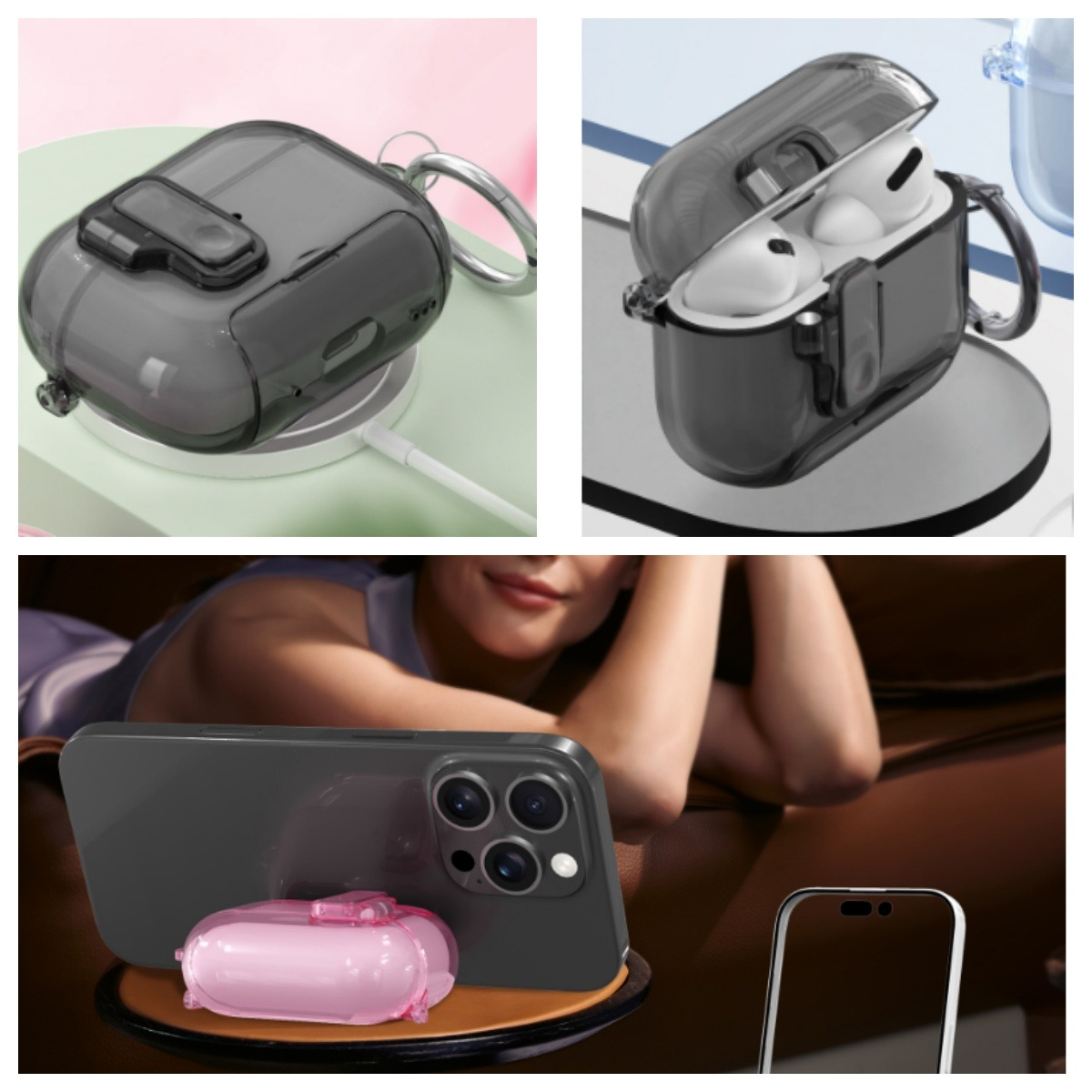 Drei Bilder mit Tech-Zubehör: eine Ladehülle, offene Kopfhörerhülle und ein Telefon mit rosa Hülle, alles auf einer Holzoberfläche.