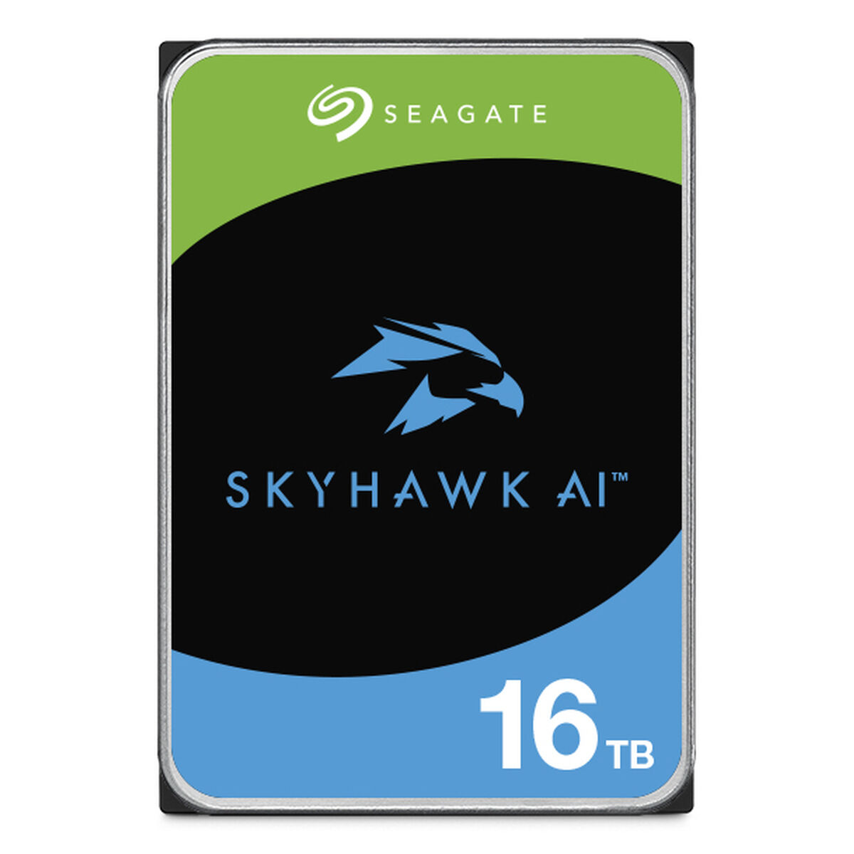 Seagate Skyhawk AI 16TB Festplatte. Grüner und blauer Hintergrund, schwarze Mitte mit Vogellogo und Text.