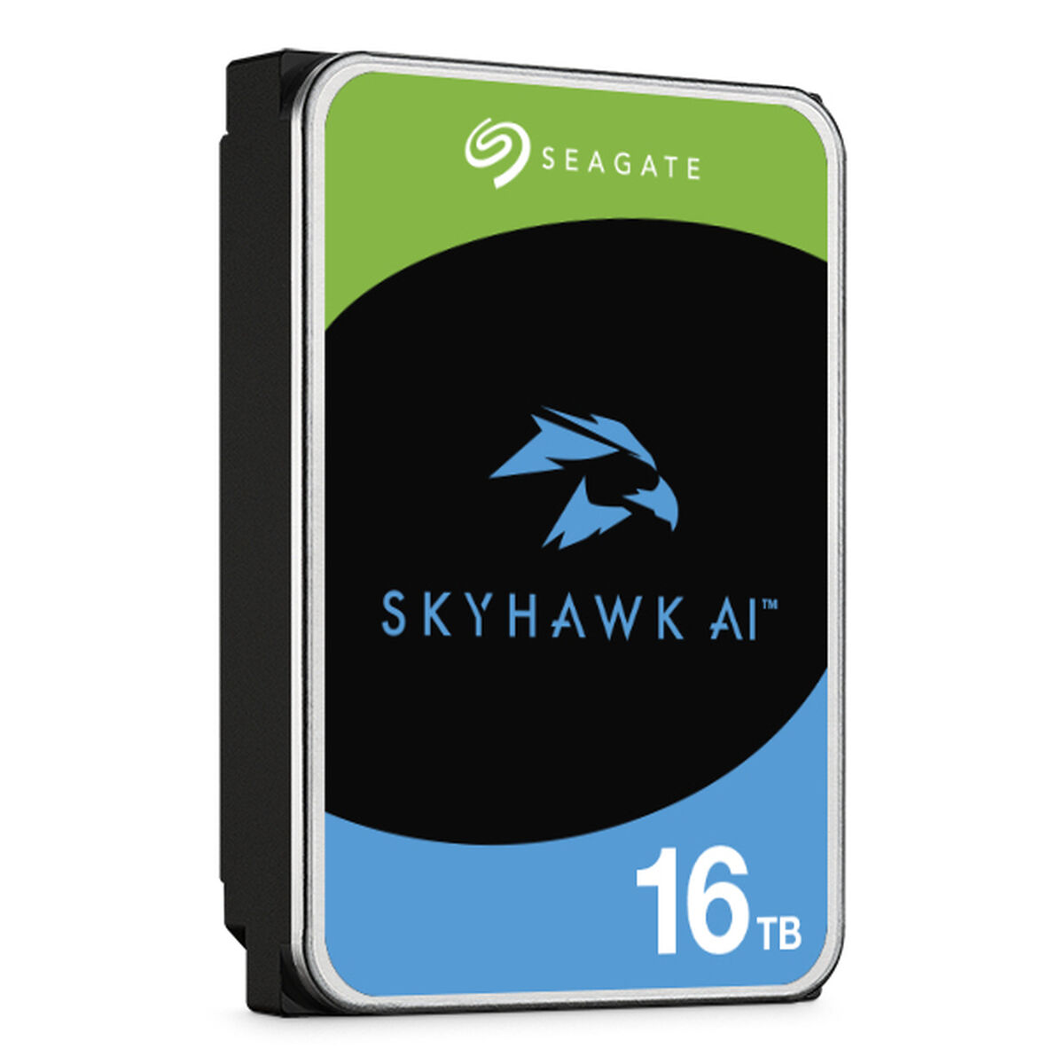 Eine Seagate Skyhawk AI 16TB Festplatte wird gezeigt. Die Festplatte hat ein schwarzes Gehäuse und ein Etikett mit dem Seagate-Logo und dem Skyhawk AI-Branding.