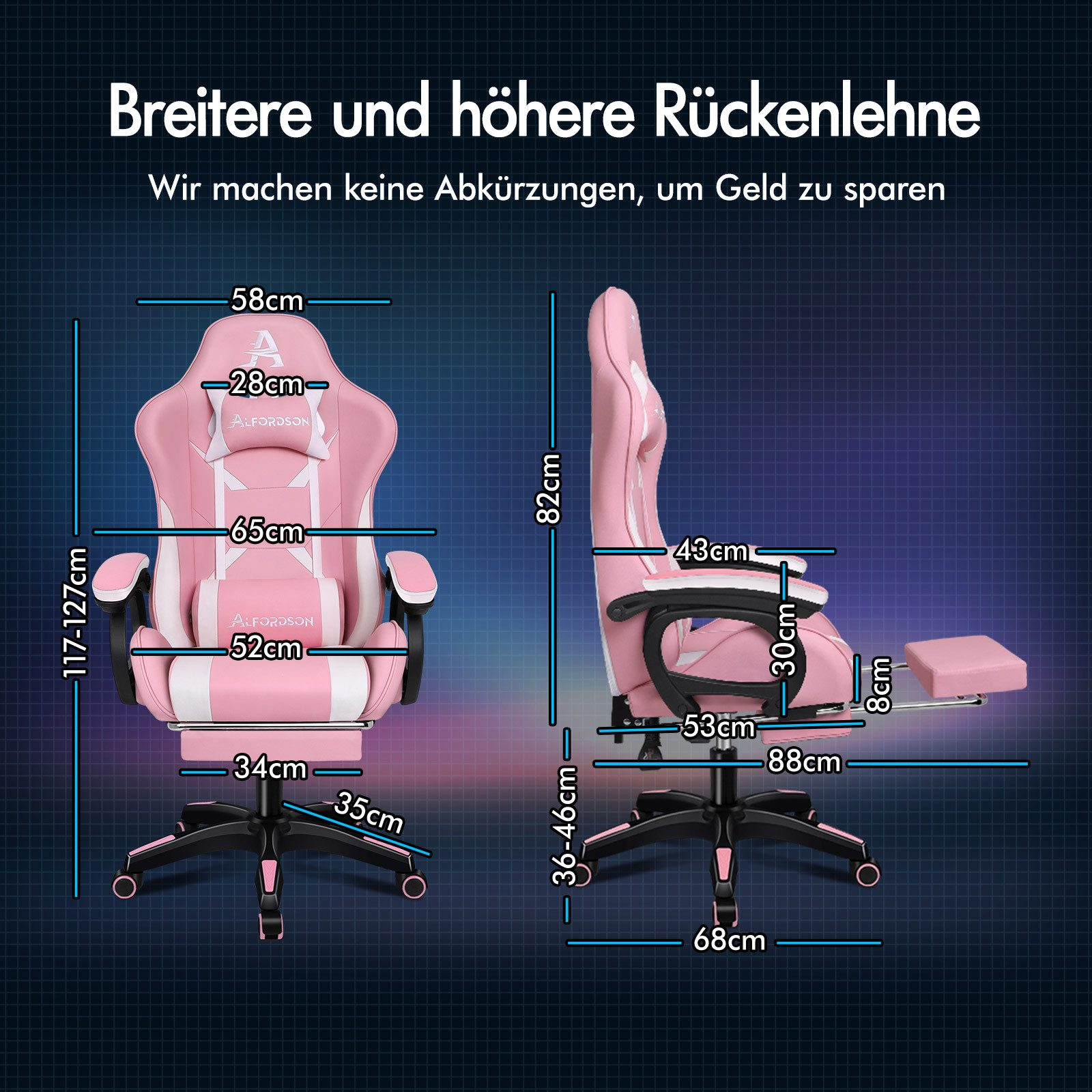 Pinker Gaming-Stuhl mit Maßangaben. Text auf Deutsch: 'Breitere und höhere Rückenlehne'. Dunkelblauer Hintergrund mit Raster.