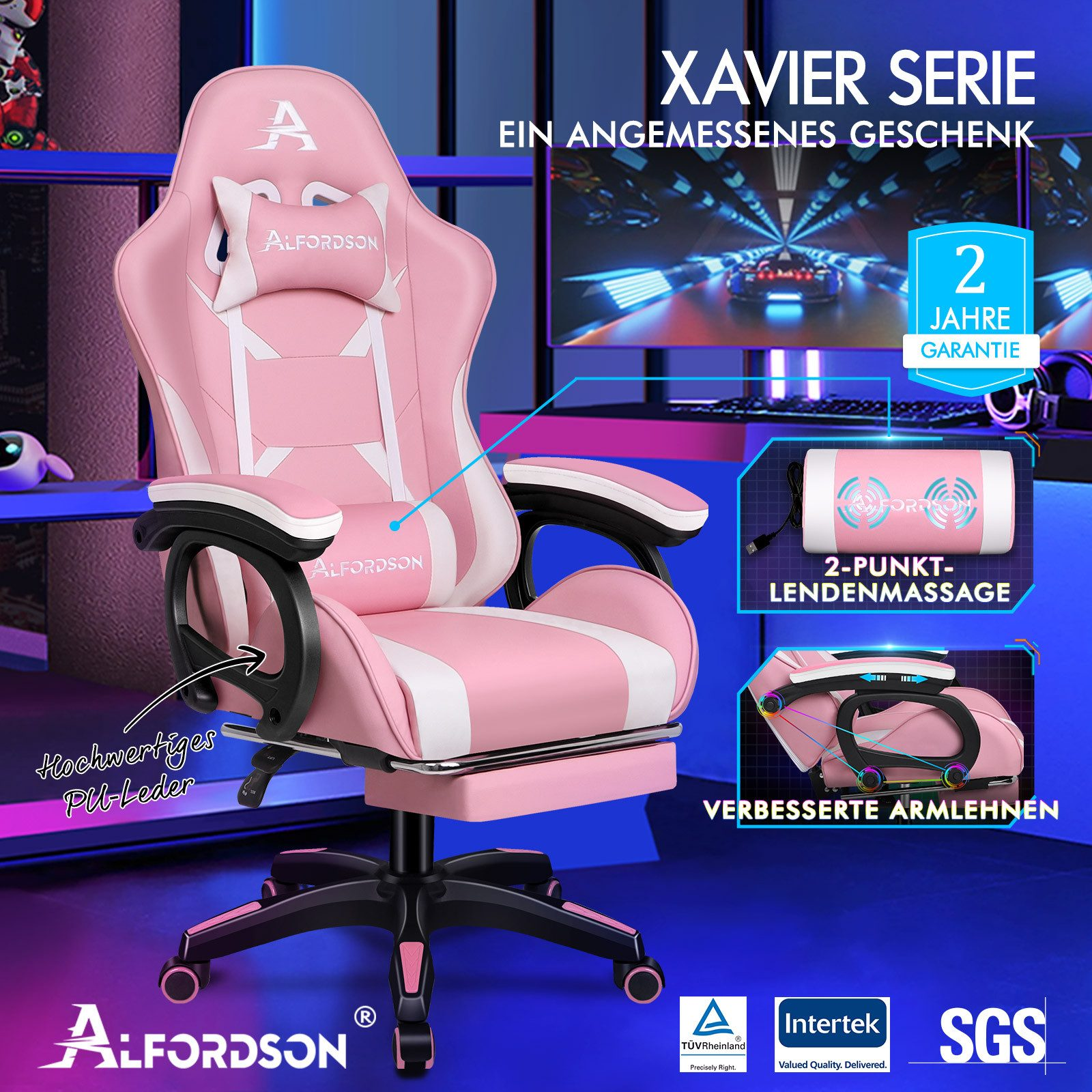 Rosa-weißer Gaming-Stuhl mit Fußstütze. Merkmale umfassen Lendenmassage, verstellbare Armlehnen und PU-Leder.