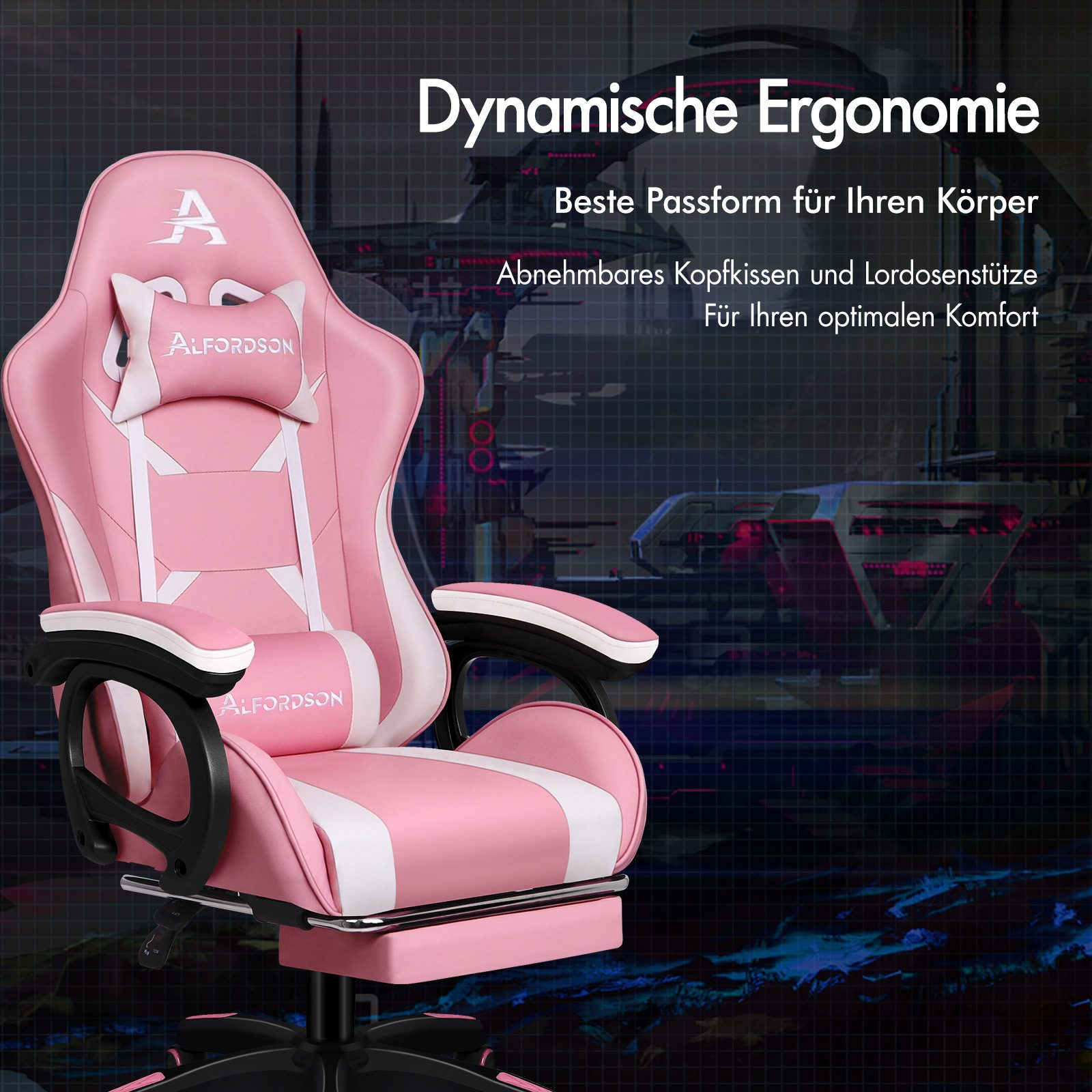 Ein pinkfarbener und weißer Gaming-Stuhl mit Kopfstütze und Fußstütze. Der Hintergrund zeigt ein futuristisches Design.