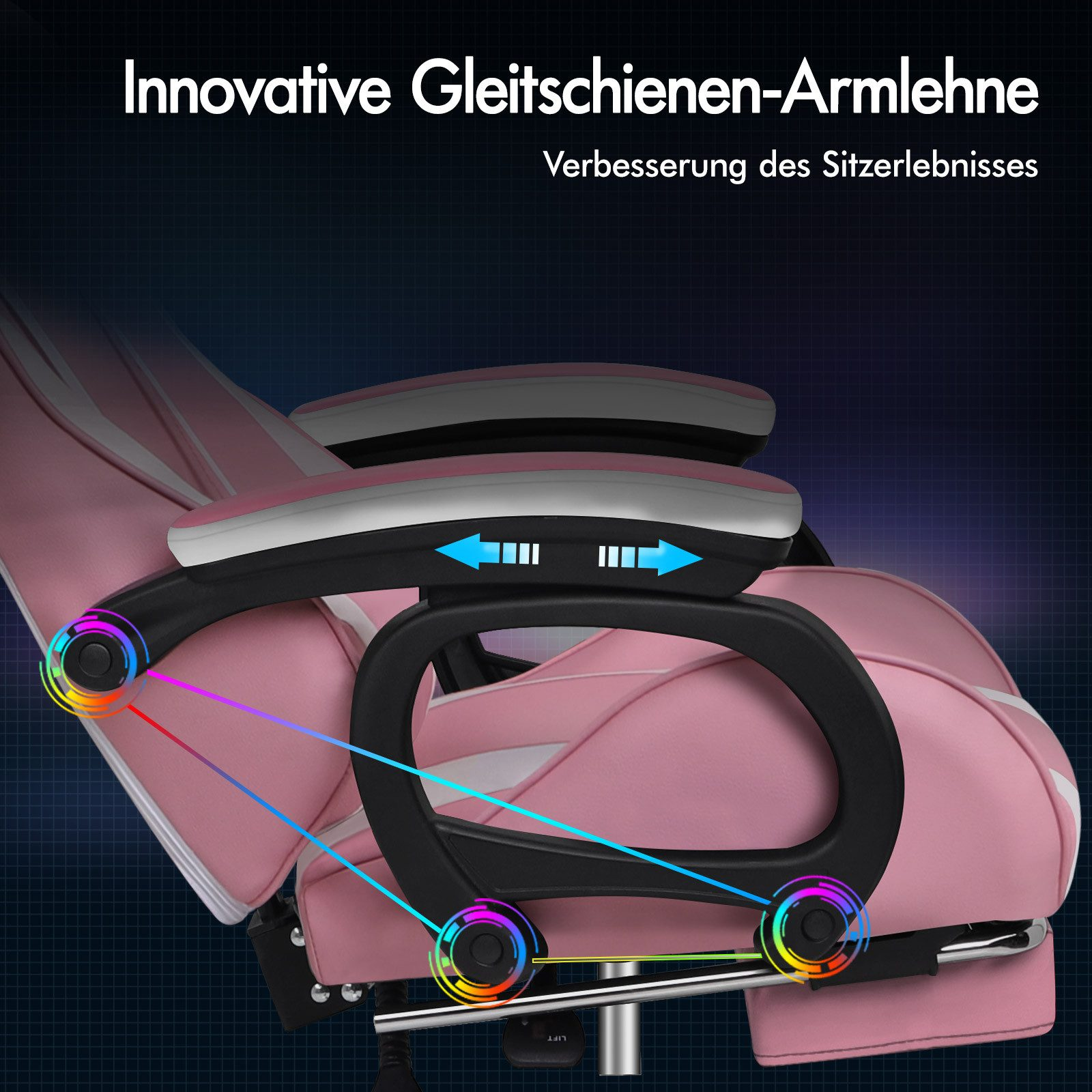 Detail des rosa Gaming-Stuhls. Armlehnen gleiten. Bunte Lichter heben die Einstellpunkte hervor. Schwarzer Rahmen. Text: Innovative Armlehne.