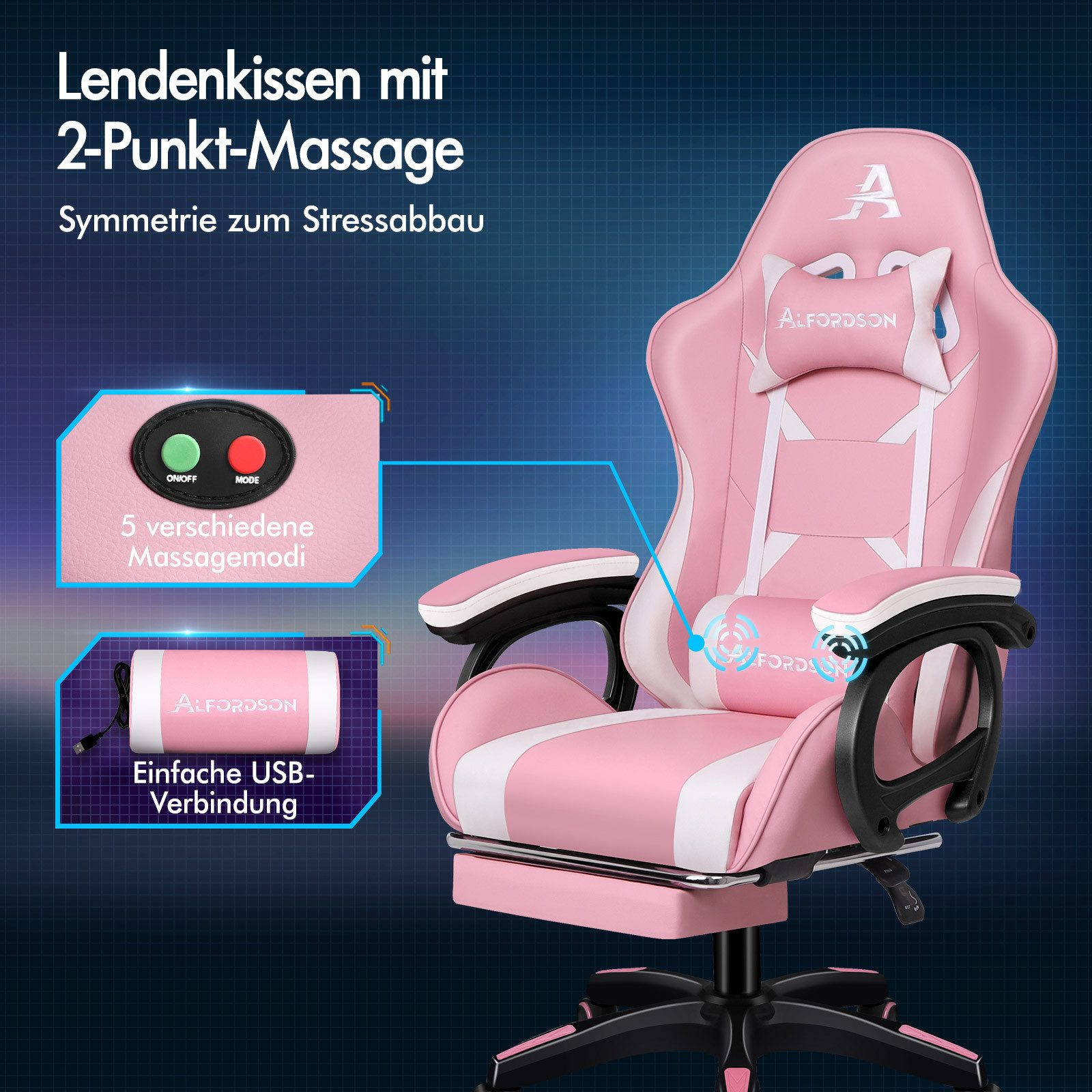 Rosa-weißer Gaming-Stuhl mit Massagefunktion. Er hat eine Kopfstütze und Lendenwirbelstütze mit USB-Anschluss.