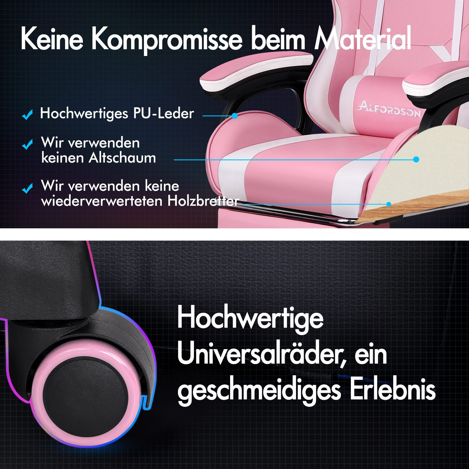 Detail eines pinkfarbenen Gaming-Stuhls. Stuhl hat weiße Akzente, schwarze Armlehnen und Räder. Text zeigt Materialmerkmale.