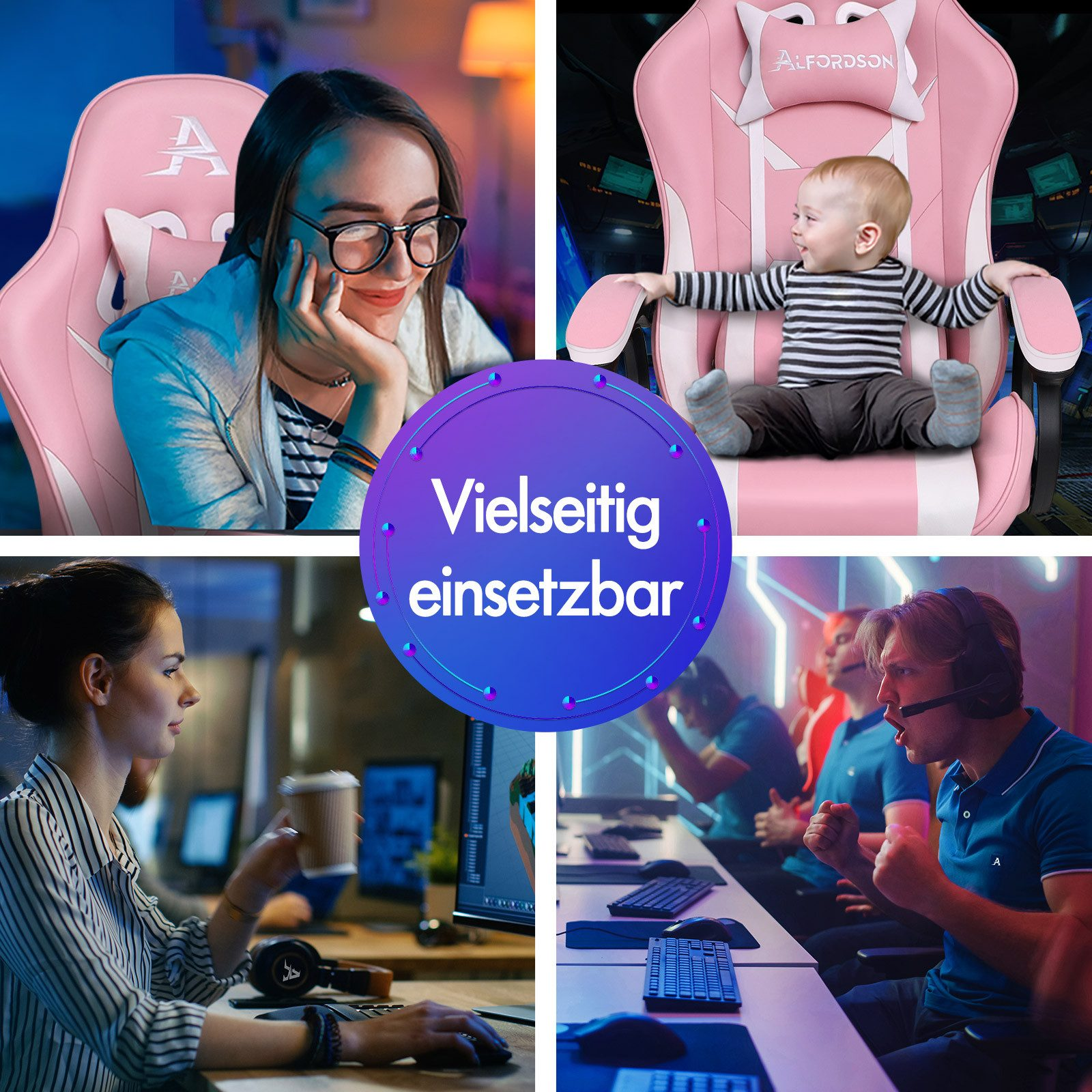 Collage von Personen, die einen rosa Stuhl benutzen, am Computer arbeiten und Spiele spielen. Ein zentraler Text lautet 'Vielseitig einsetzbar'.