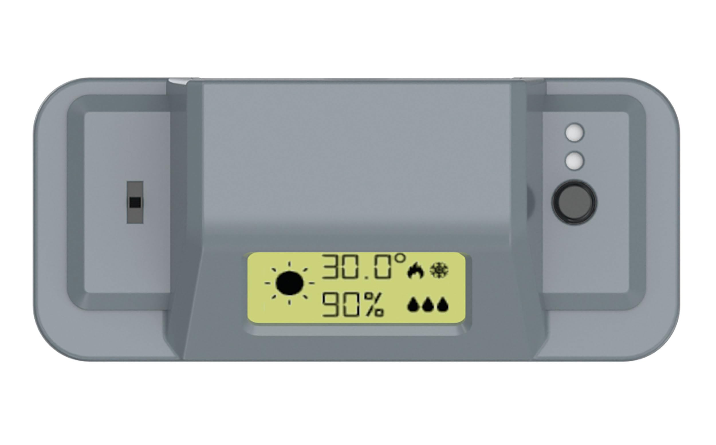 Graues Gerät mit Display, das Temperatur, Luftfeuchtigkeit und ein Sonnensymbol anzeigt. Es hat Knöpfe und eine rechteckige Form.