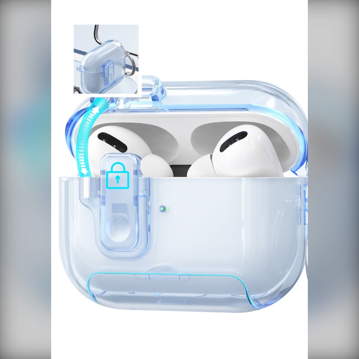 Funda transparente con AirPods dentro. Funda transparente con detalles azules, abierta para mostrar auriculares blancos. Pequeño inserto arriba a la izquierda.