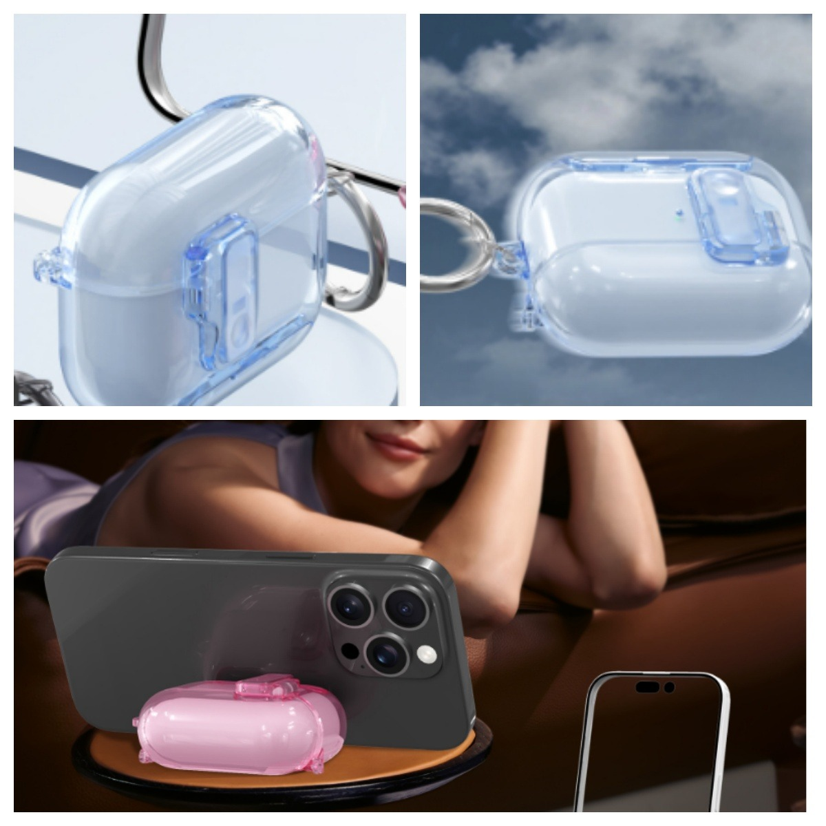Una mujer descansa cerca de un teléfono sostenido por una funda rosa. Una funda transparente con detalles azules está arriba a la izquierda y a la derecha.