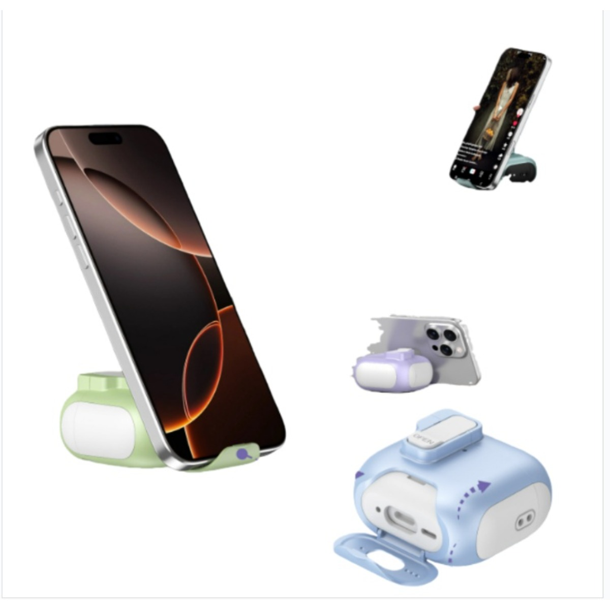 La imagen muestra teléfonos en soportes y dispositivos de carga. Los teléfonos muestran contenido. Los soportes y dispositivos vienen en varios colores: verde, azul y morado.