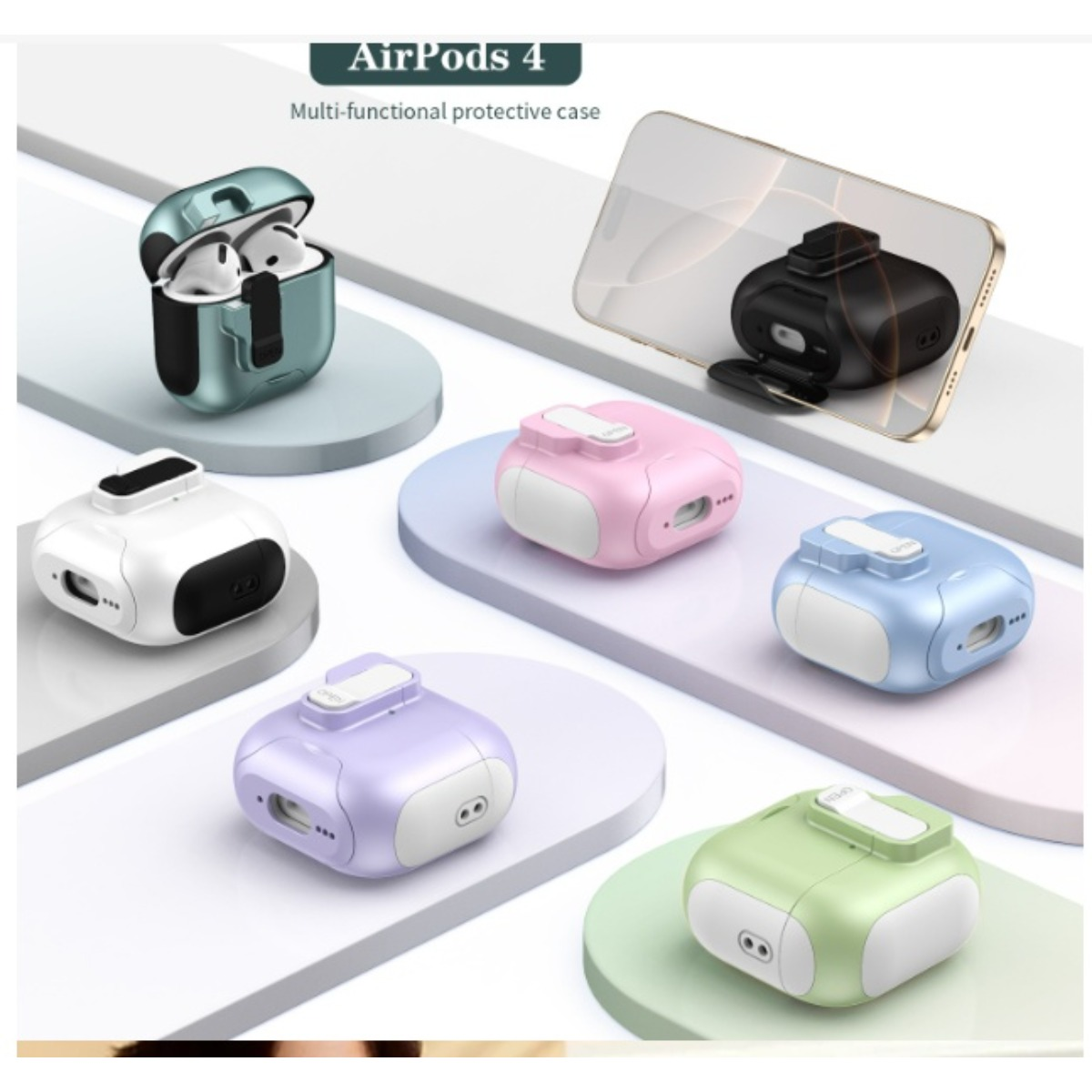La imagen muestra varias fundas protectoras coloridas para AirPods 4 y un teléfono. Fundas en verde, blanco, rosa, azul, morado y verde. El teléfono está al fondo.