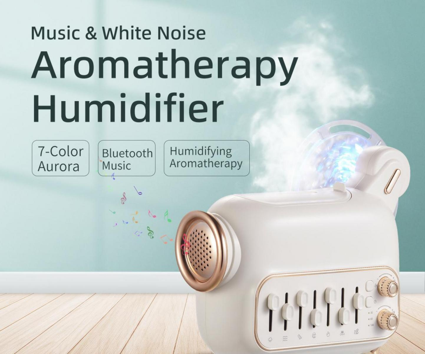 Ein weißer Aromatherapie-Luftbefeuchter mit goldenen Akzenten, Knöpfen und Noten. Er hat eine 7-Farben-Aurora und Bluetooth-Musik-Funktion.