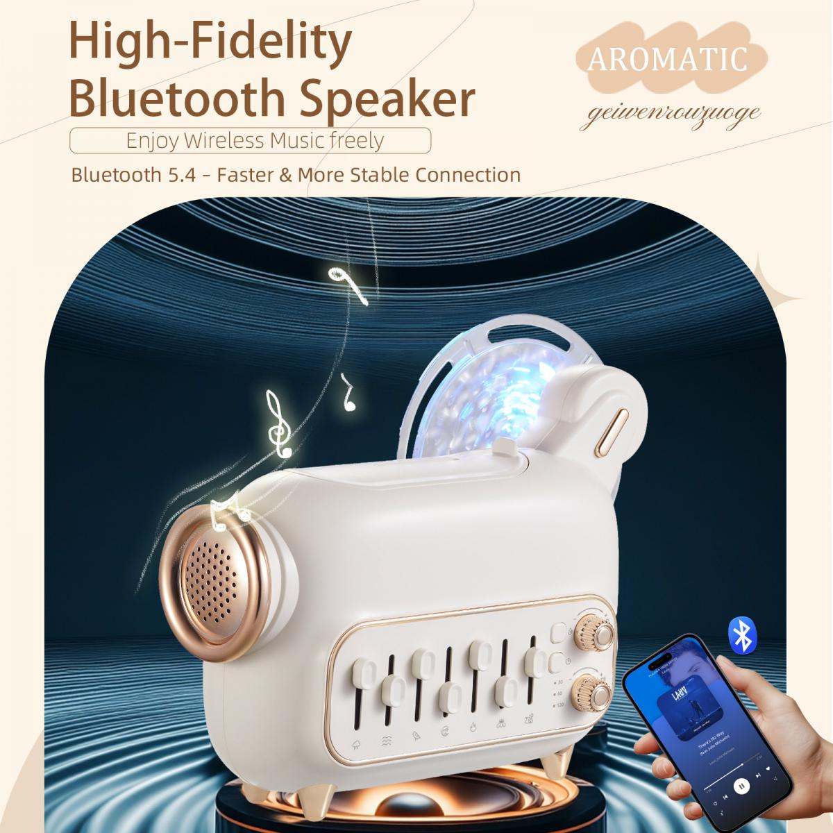 Ein weißer Bluetooth-Lautsprecher mit goldenen Akzenten. Eine Hand hält ein Telefon, das Musik abspielt. Musiknoten schweben um den Lautsprecher herum.