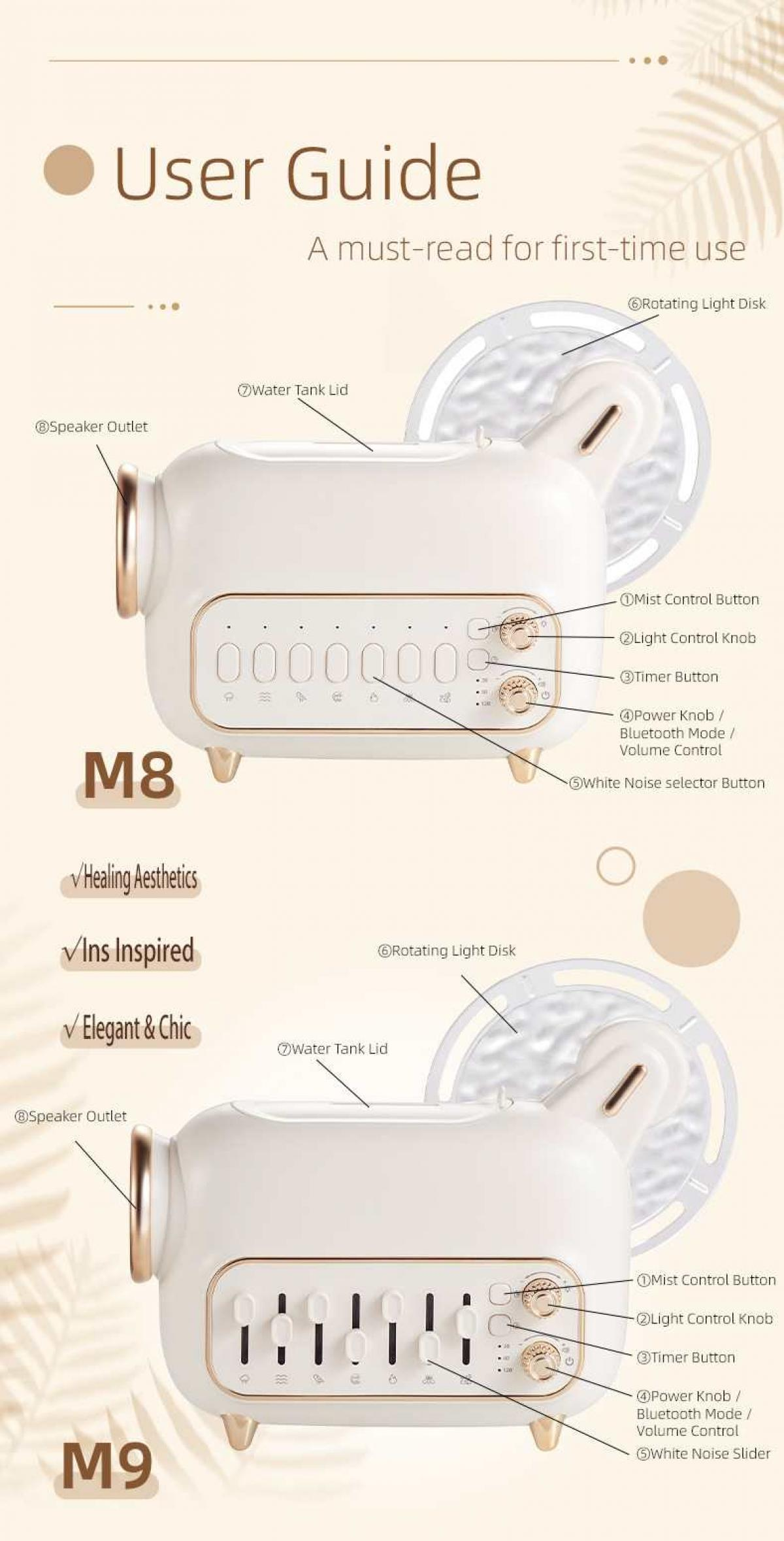 Ein weißer und goldfarbener Diffusor mit Knöpfen und einer rotierenden Lichtscheibe. Text: User Guide, M8, M9.