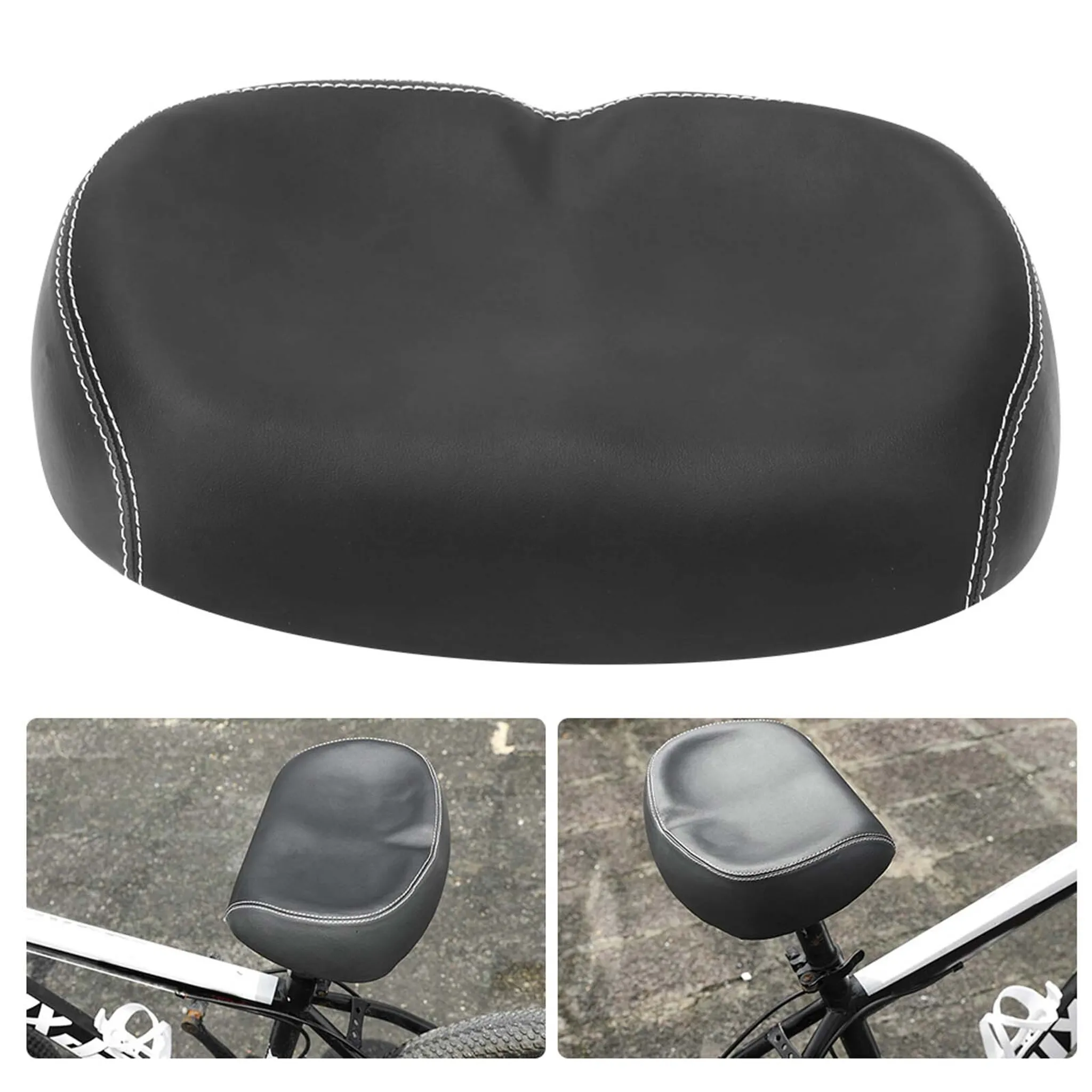 Schwarzer Fahrradsattel mit weißen Nähten. Es werden auch zwei kleinere Sitze an Fahrrädern gezeigt. Der Hintergrund ist weiß.