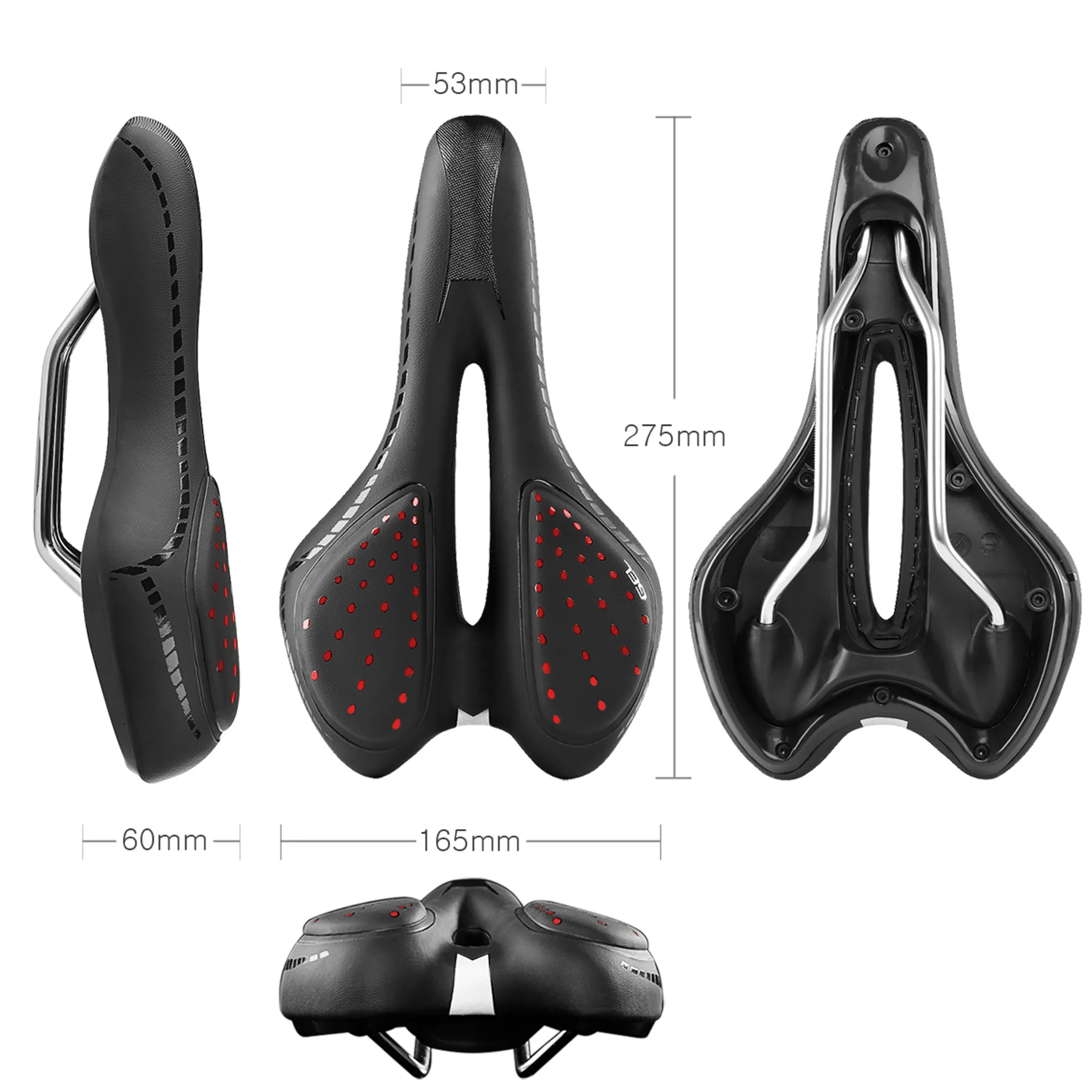 Ein schwarzer Fahrradsattel mit roten Punkten, in drei Ansichten und von unten dargestellt.