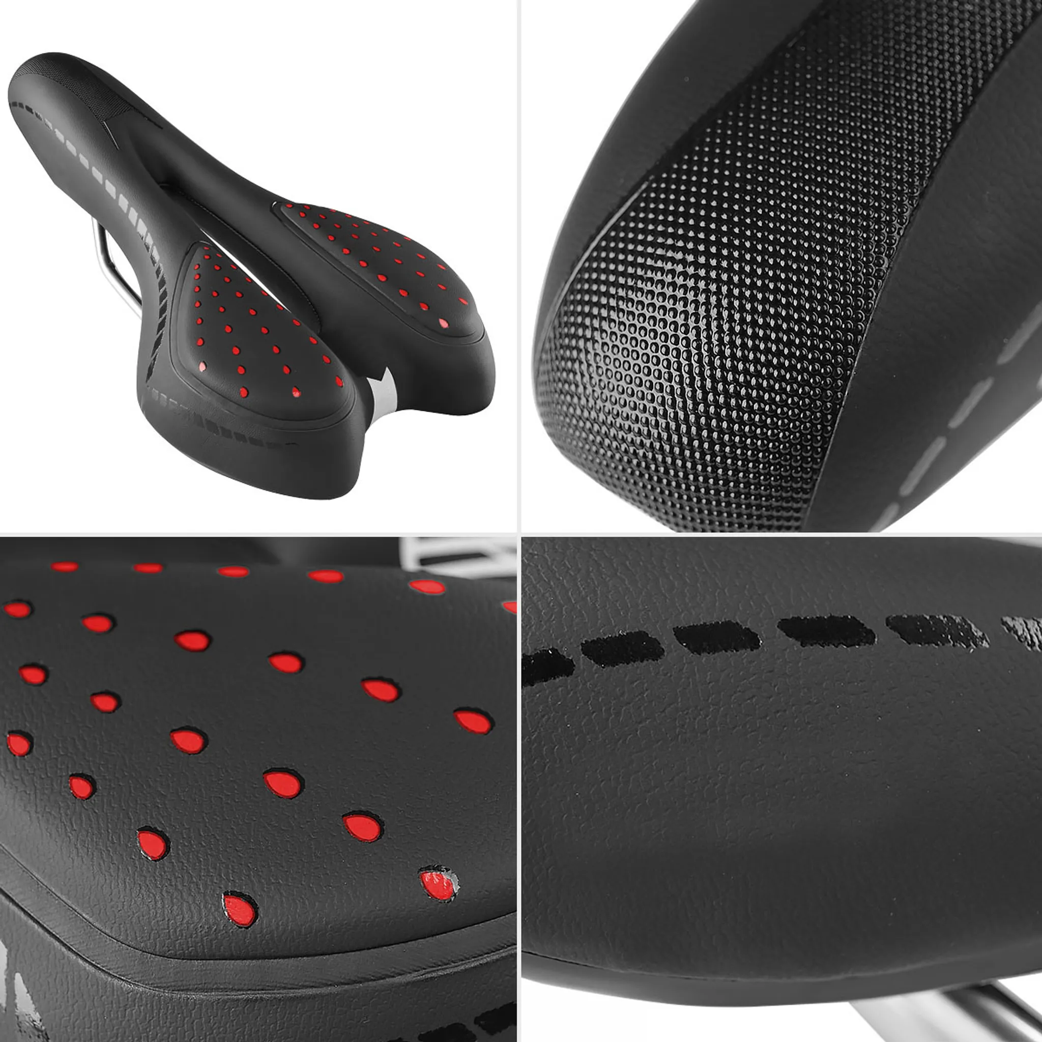 Ein schwarzer Fahrradsattel mit roten Akzenten. Der Sattel besteht aus strukturiertem Material. Details umfassen rote Punkte.