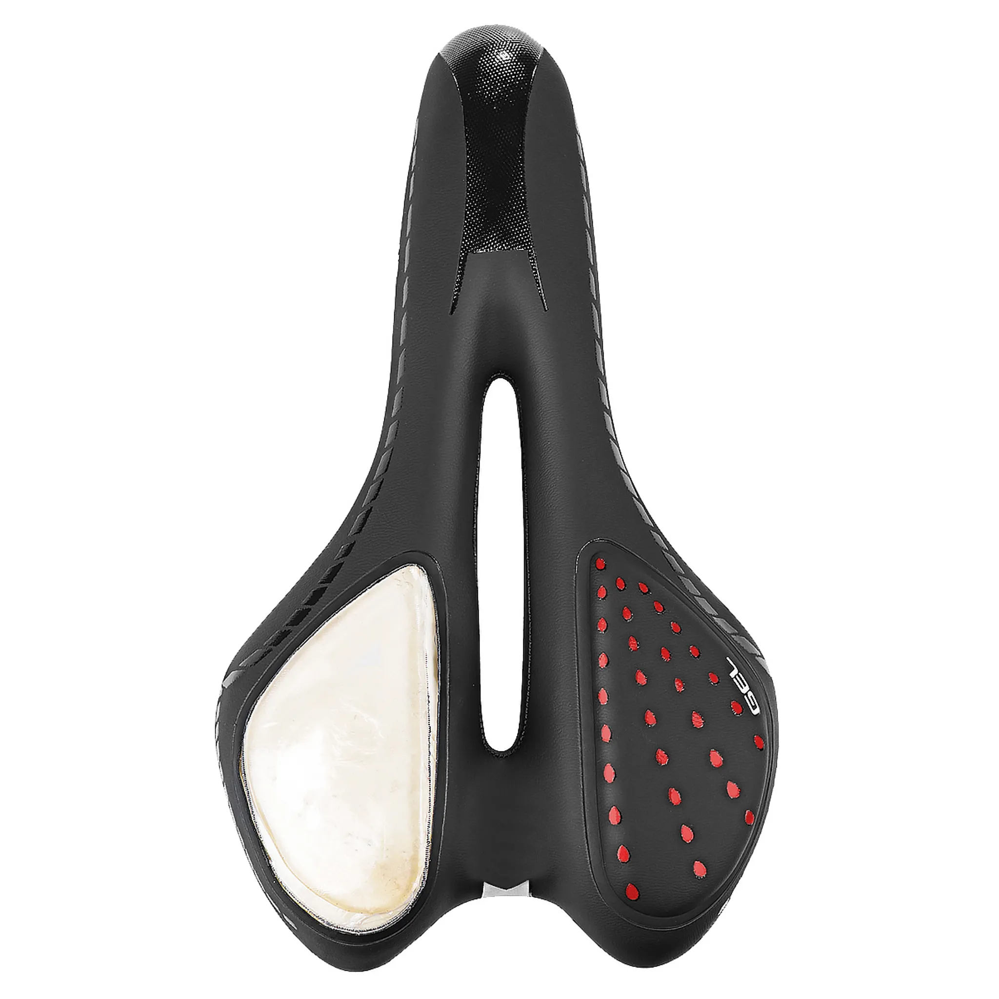 Schwarzer Fahrradsattel mit weißen Geleinlagen und roten Punkten. Das Design ist ergonomisch, mit einem mittigen Ausschnitt.