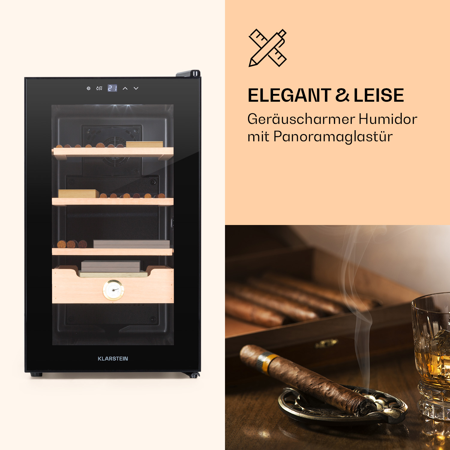 Un humidor con sigari, un bicchiere di whisky e testo in tedesco. L'humidor è nero e ha porte in vetro.