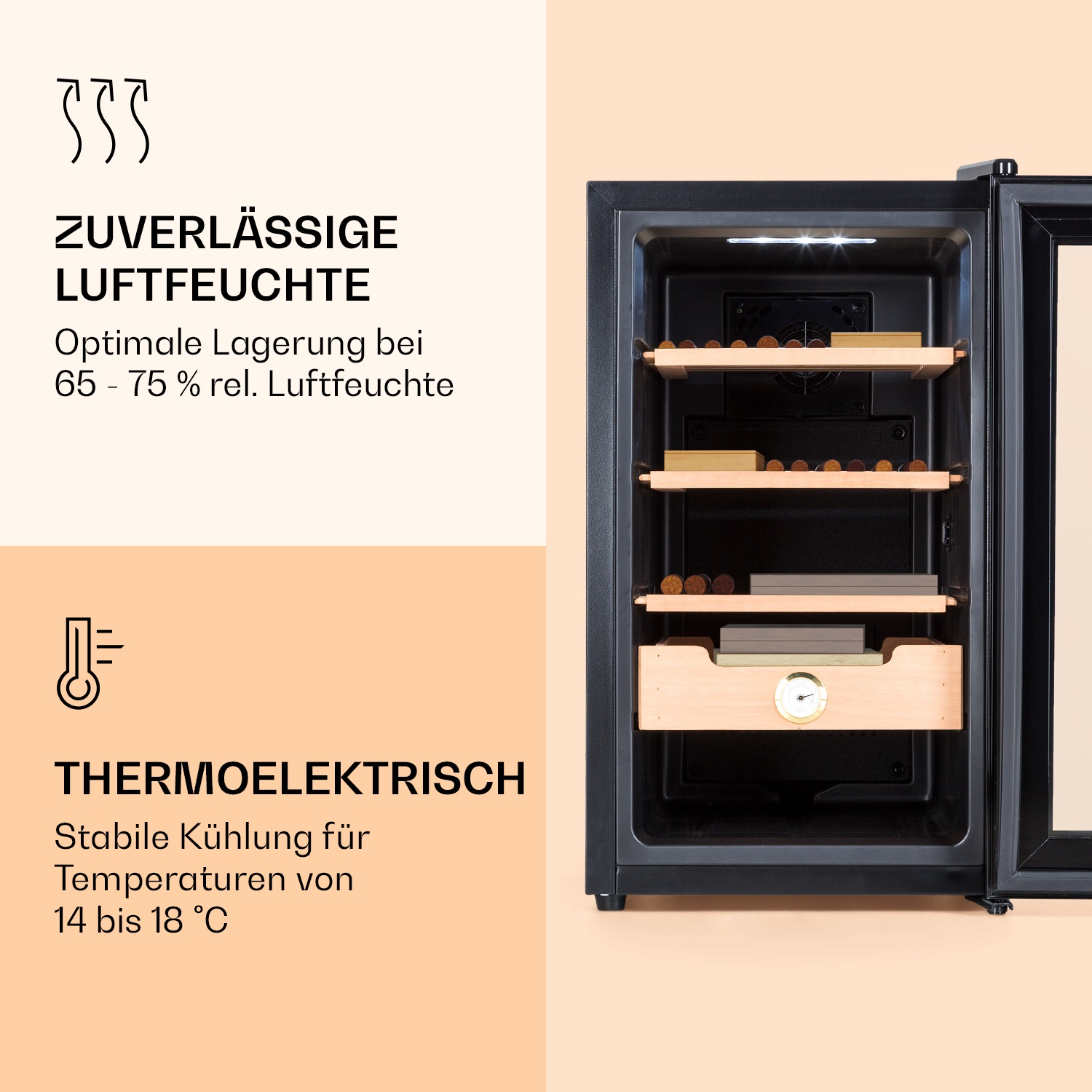 Un humidor nero termoelettrico con ripiani in legno, contenente sigari e un termometro. Il testo a sinistra indica umidità e temperatura.