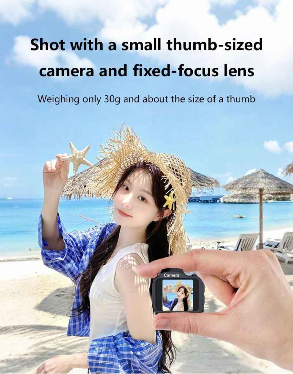 Eine Frau am Strand hält einen Seestern. Eine kleine Kamera zeigt ihr Bild. Text sagt, es ist daumengroß.