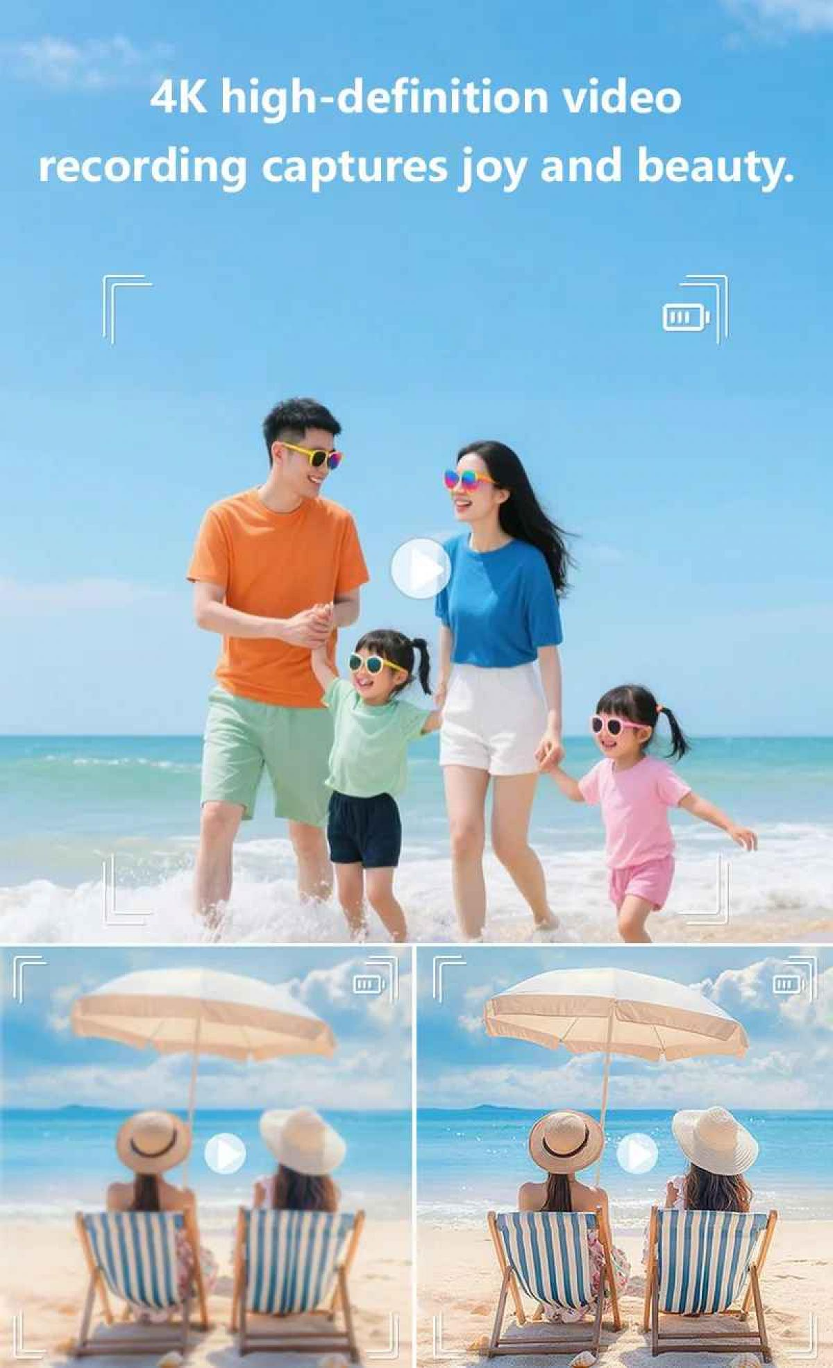 Eine vierköpfige Familie am Strand. Eltern und zwei Kinder gehen im Meer. Zwei Frauen sitzen unter Sonnenschirmen auf Liegestühlen.