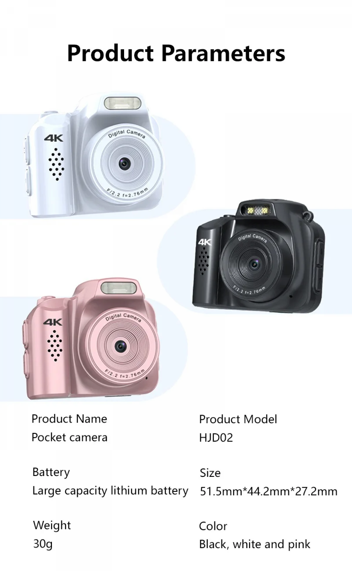 Das Bild zeigt drei Taschen-Kameras in Weiß, Schwarz und Pink. Produktdetails umfassen Spezifikationen und Abmessungen.