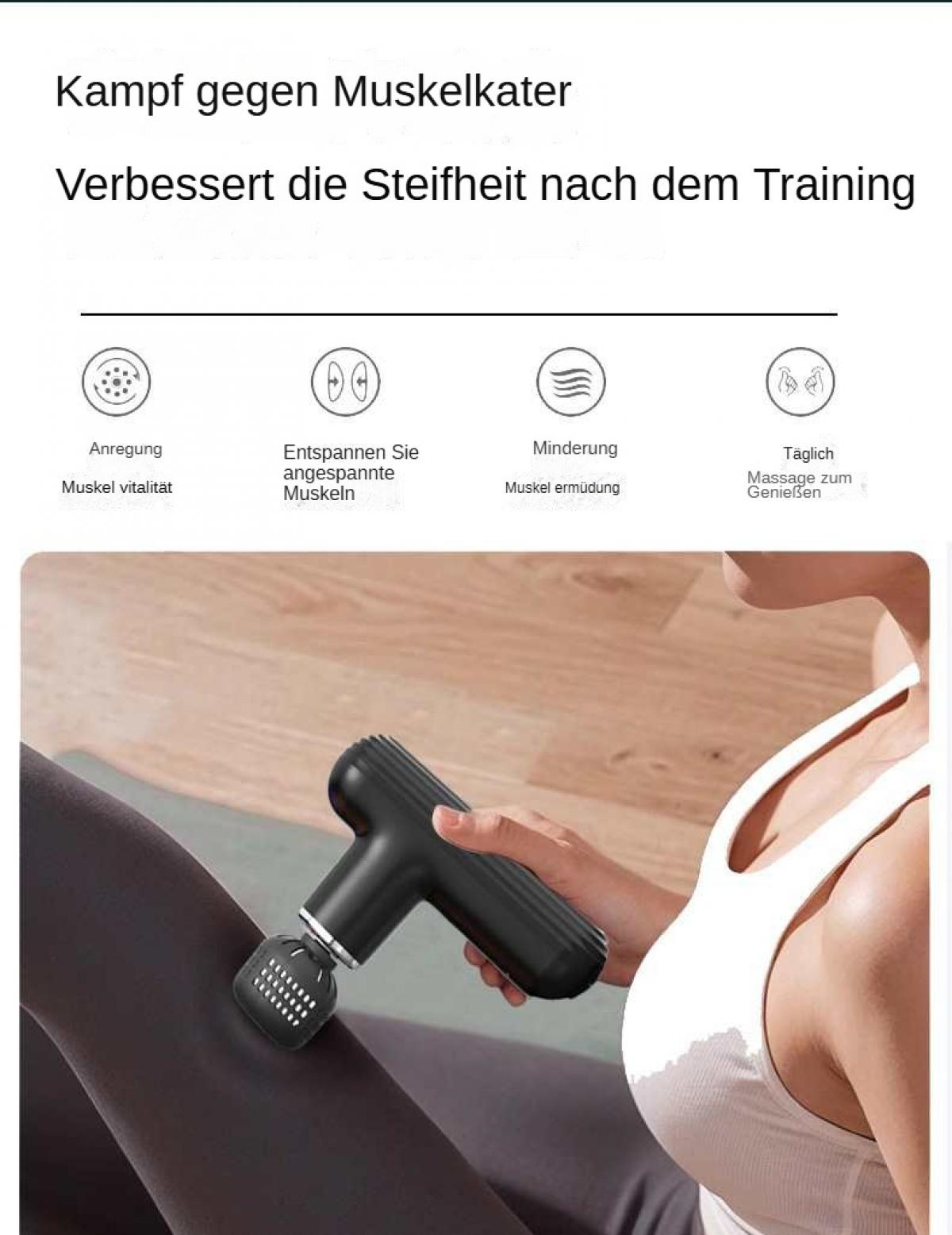 Eine Person benutzt eine schwarze Massagepistole an ihrem Bein. Die Pistole befindet sich in der Nähe des Knies.