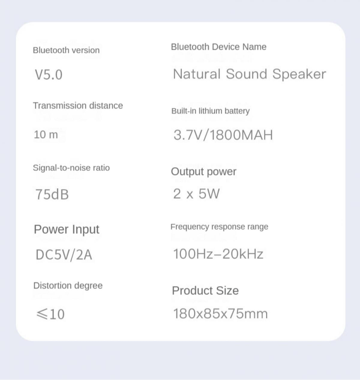 Weißes Rechteck mit Produktspezifikationen. Es zeigt Bluetooth-Version, Übertragung, Leistungseingang und weitere technische Details.